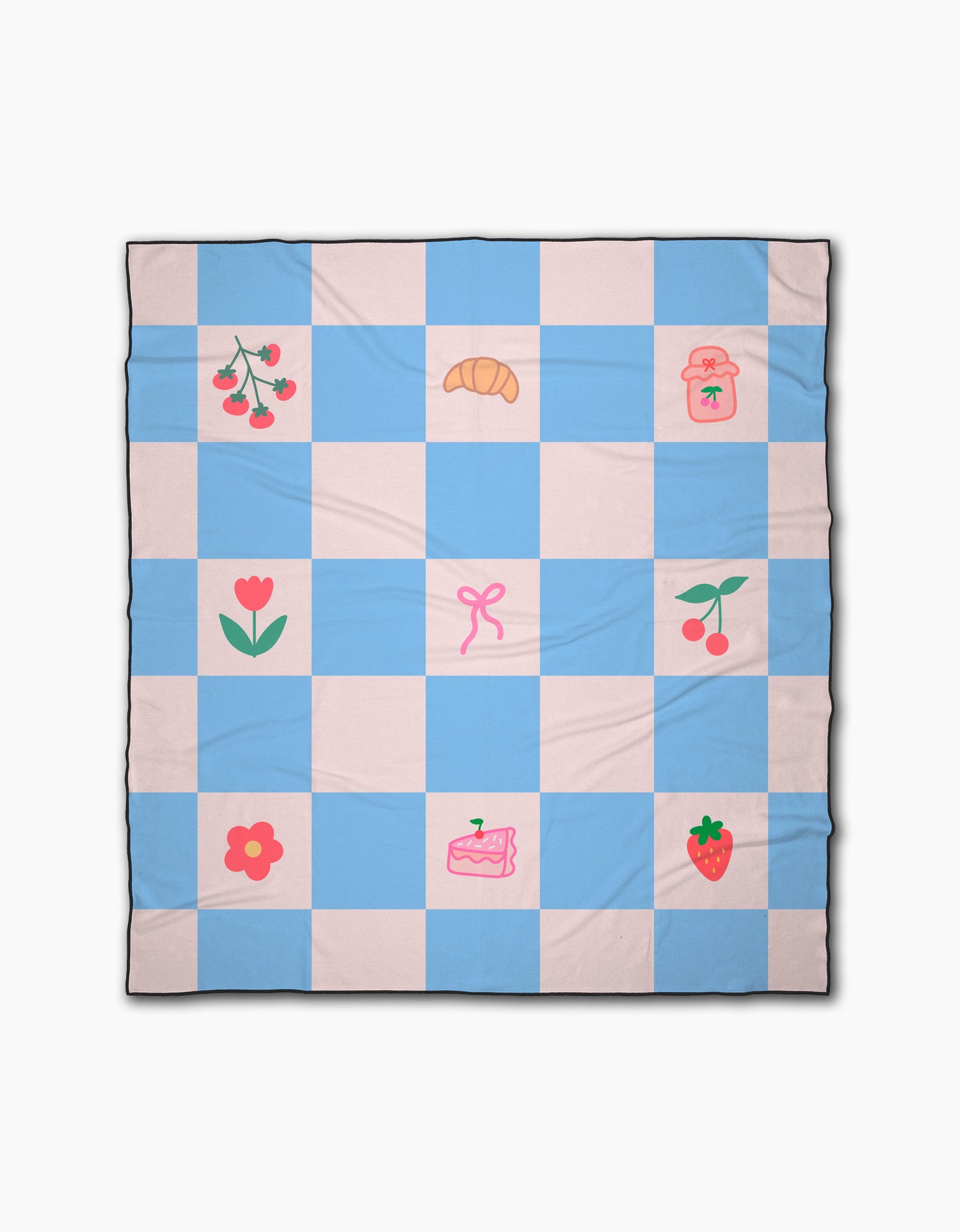 The Little Picnic Things beach blanket by Letters By Shells is a blue and white checkerboard, quick-drying, made from recycled materials, and decorated with cherries, a croissant, jar, flower, bow, strawberry, and cake.