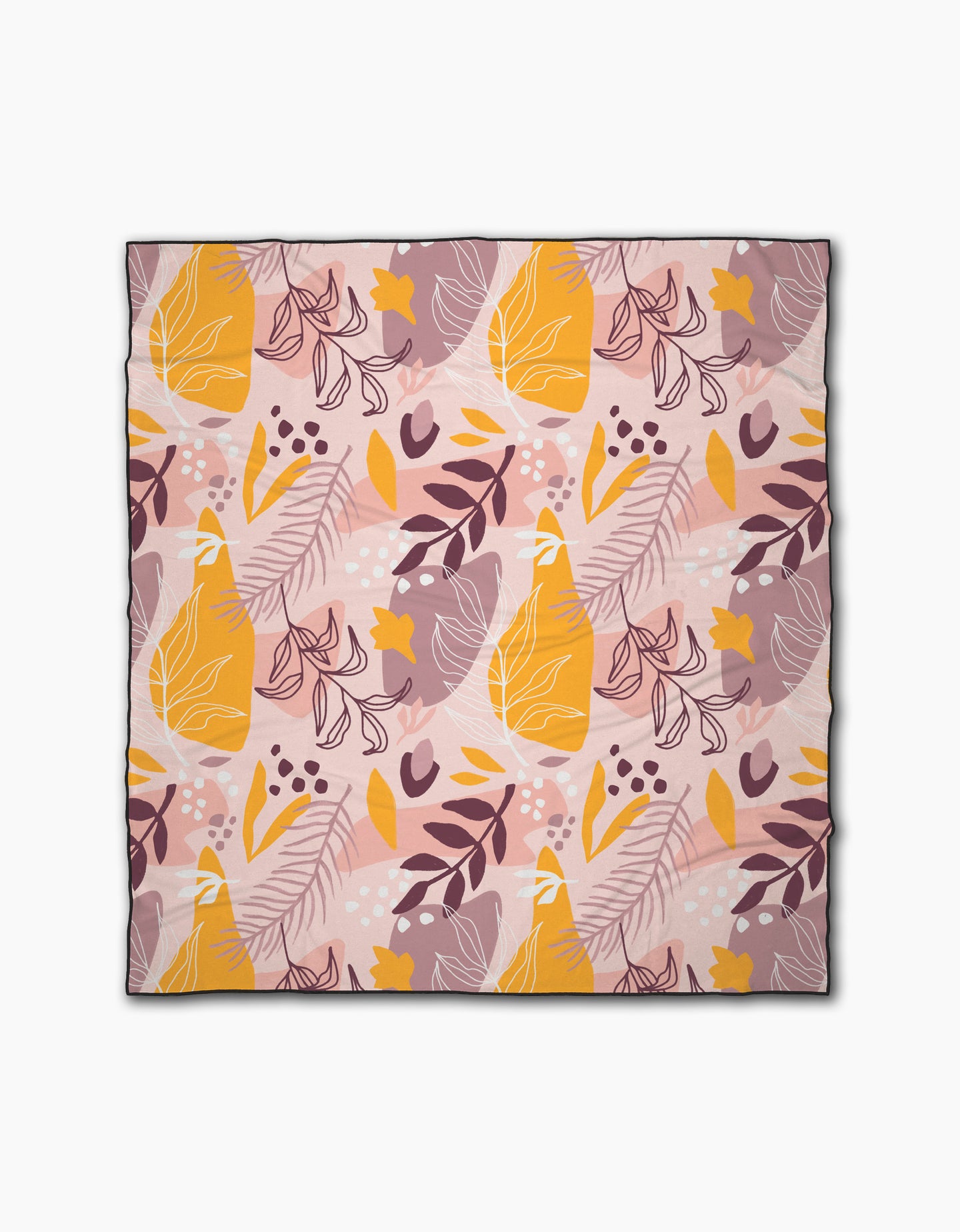 The Nature Sketch beach blanket by Cottonflower Studio is square, sand-repelling, and features a colorful abstract botanical pattern with yellow, pink, and mauve leaves, branches, and dots on a light pink background.