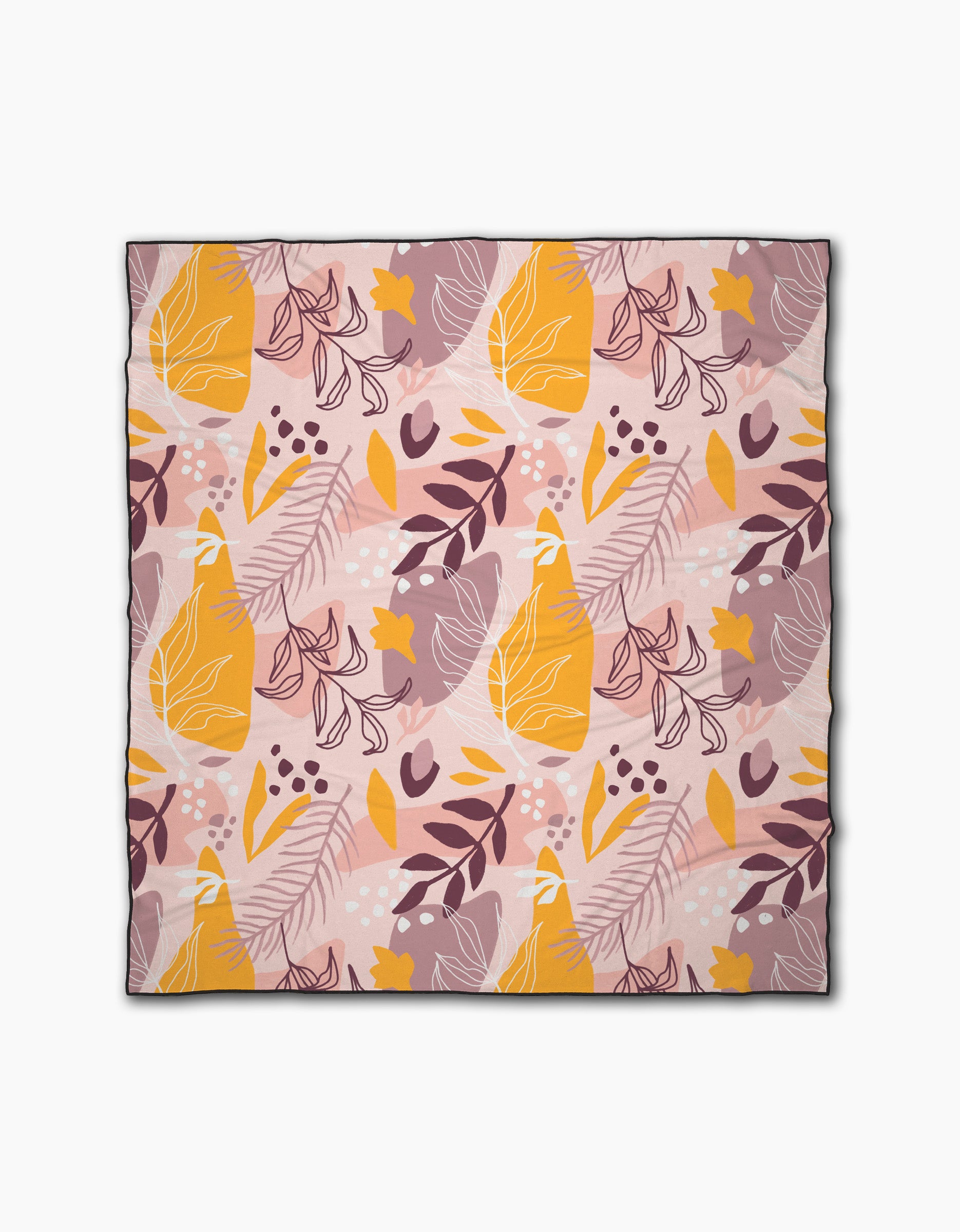 The Nature Sketch beach blanket by Cottonflower Studio is square, sand-repelling, and features a colorful abstract botanical pattern with yellow, pink, and mauve leaves, branches, and dots on a light pink background.