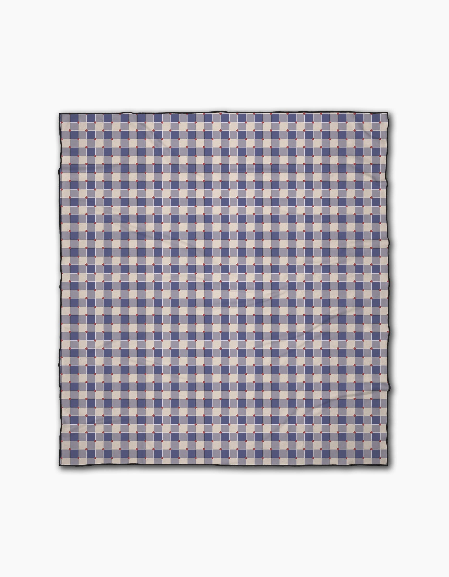 The Geometry Nautical Gingham is a square beach blanket with a blue, white, and light pink checkered pattern, thin black border, and made of quick-drying recycled materials, shown flat on a white background.