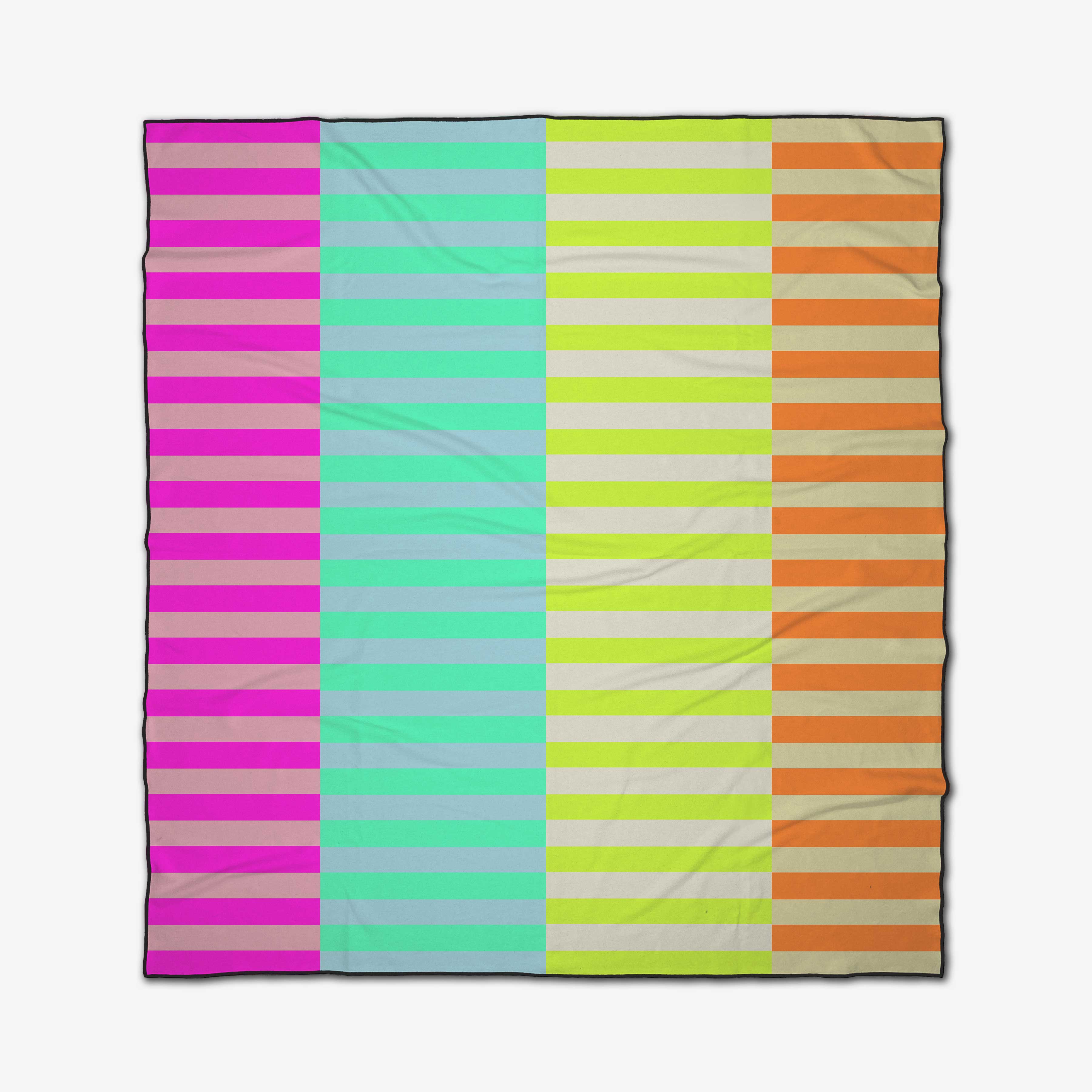The GEOMETRY Neon Nights Beach Blanket showcases horizontal stripes in bright pink, turquoise, yellow, and orange divided by a center line. Its sand-repelling and quick-drying features make it ideal for beach days.