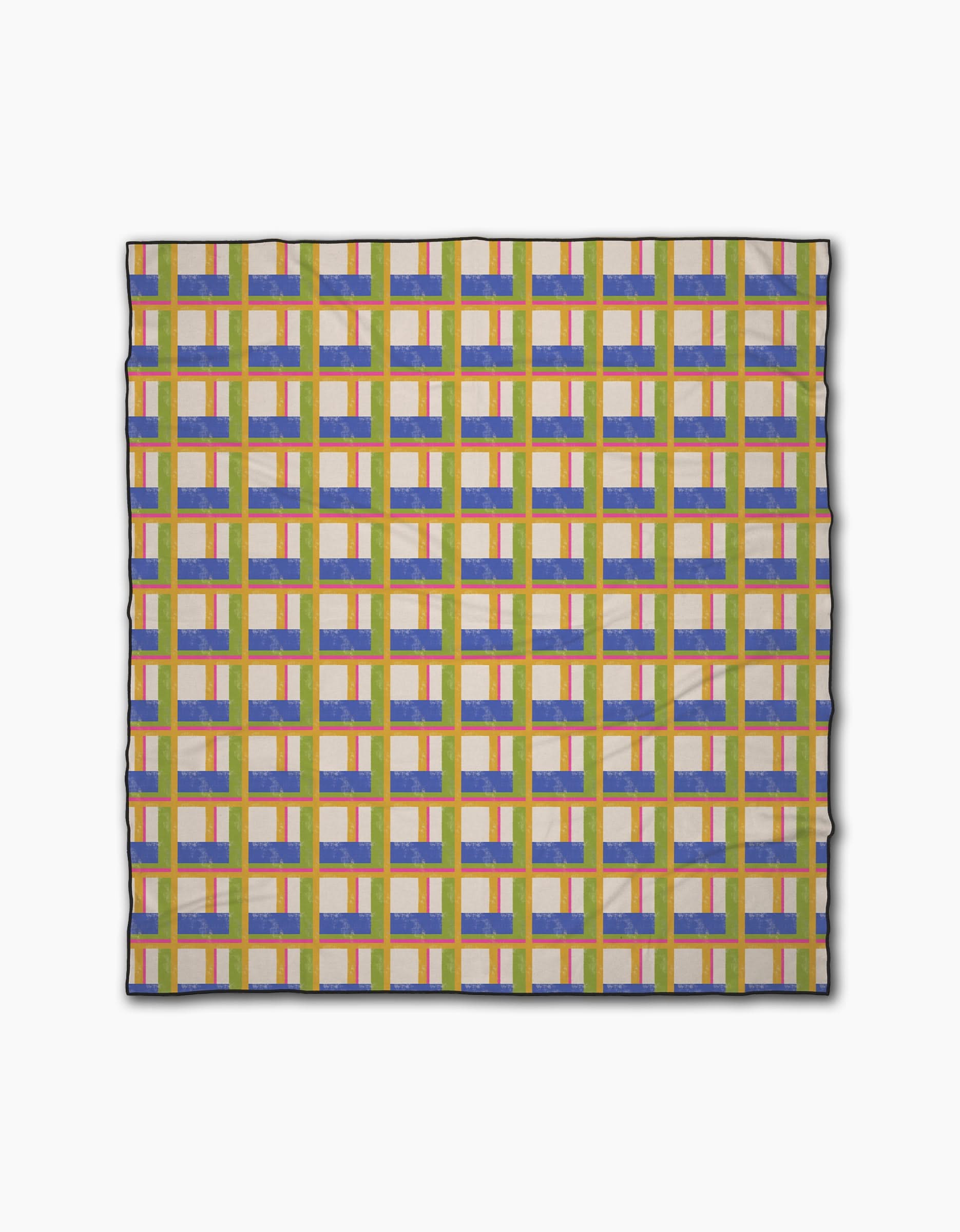 Paradise Grid by Geometry is a square scarf featuring a modern geometric grid of repeating rectangles in yellow, blue, orange, and purple on white. Made from recycled materials for a colorful and symmetrical look.