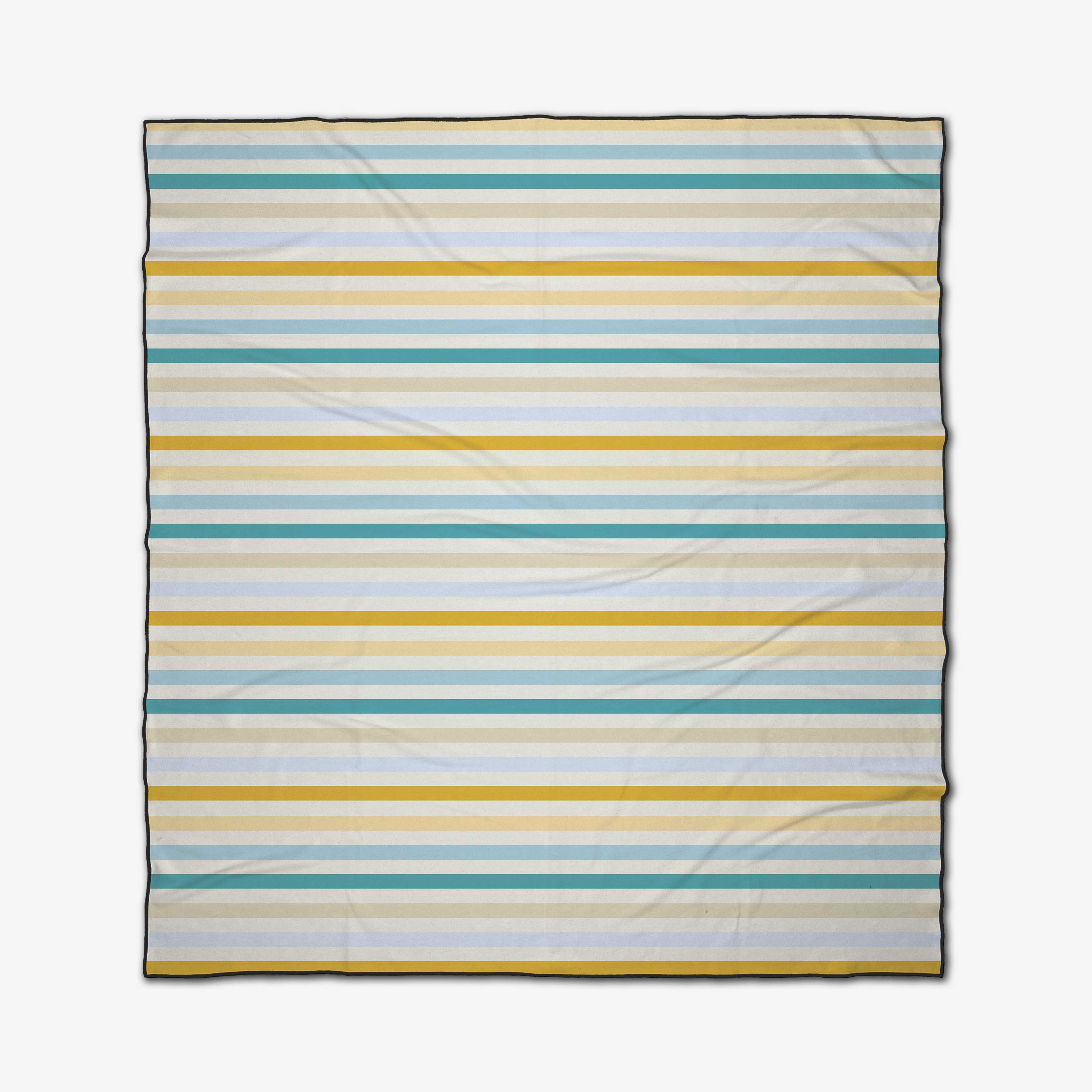 The GEOMETRY Seaside Sunshine is a rectangular beach blanket with teal, yellow, and white horizontal stripes on white. Made from quick-drying fabric, it features black-bordered edges and a casually wrinkled look.