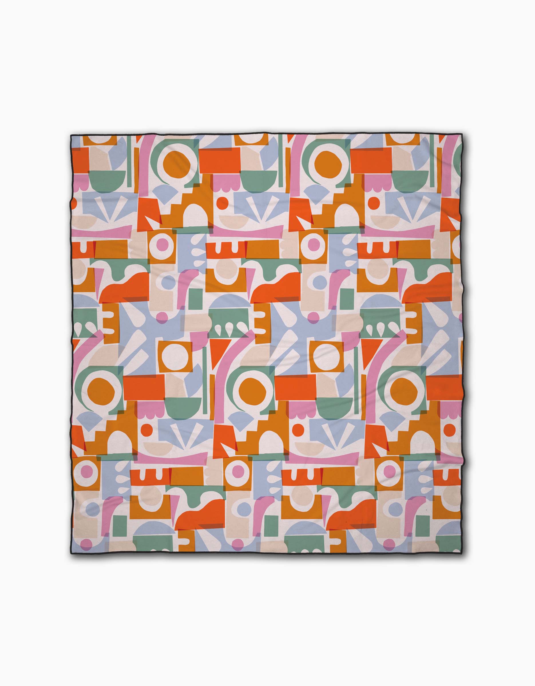Soft Cutouts Garden by Claire Iglesias is a square fabric with a vibrant abstract geometric pattern in orange, pink, green, purple, and white on a light background, featuring repeating circles, lines, arches, and rectangles.