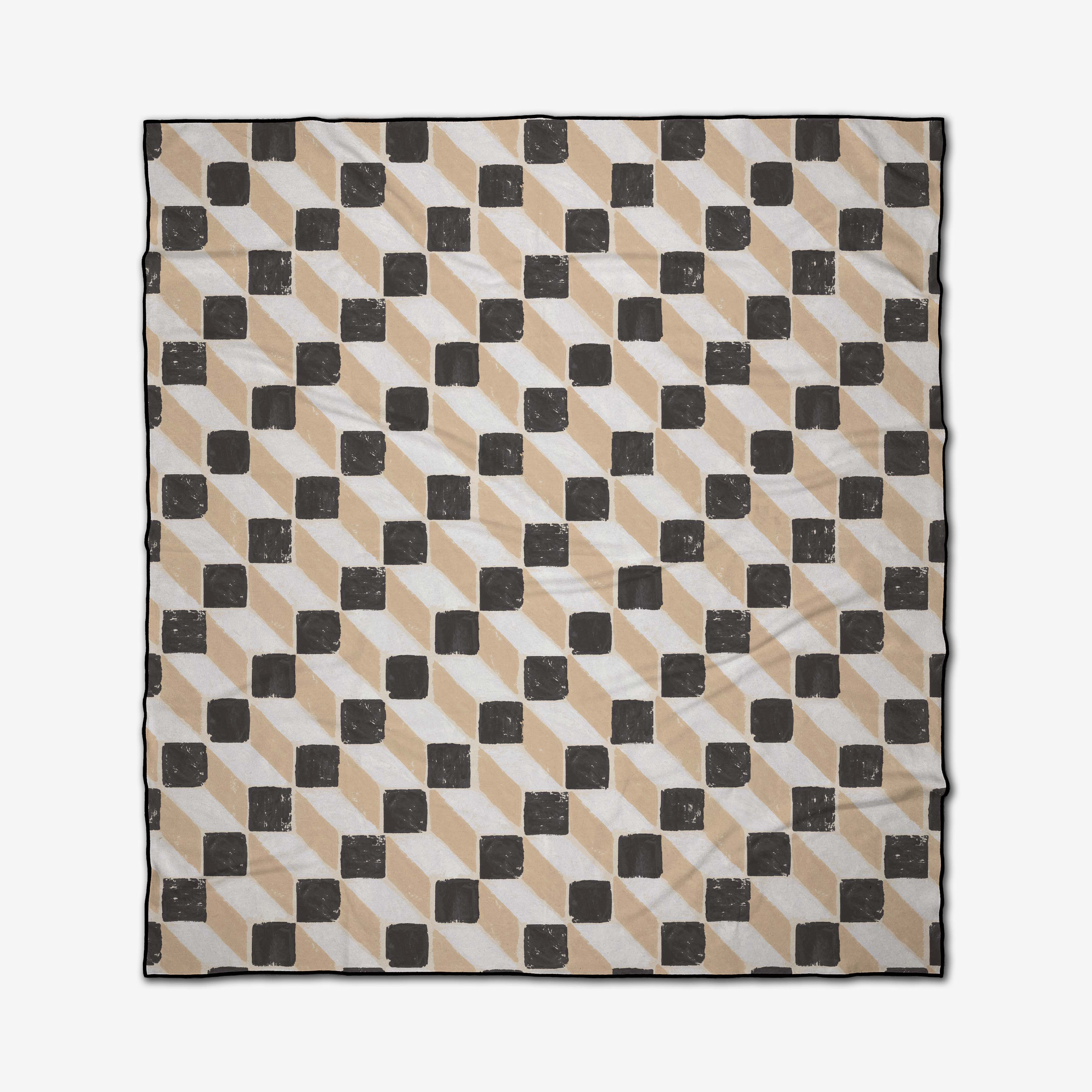 The Tessera Beach Blanket by Studio Jeannot features a square design with beige, black, and white geometric cubes and rectangles for a 3D effect. Made from quick-drying recycled materials for eco-friendly comfort.
