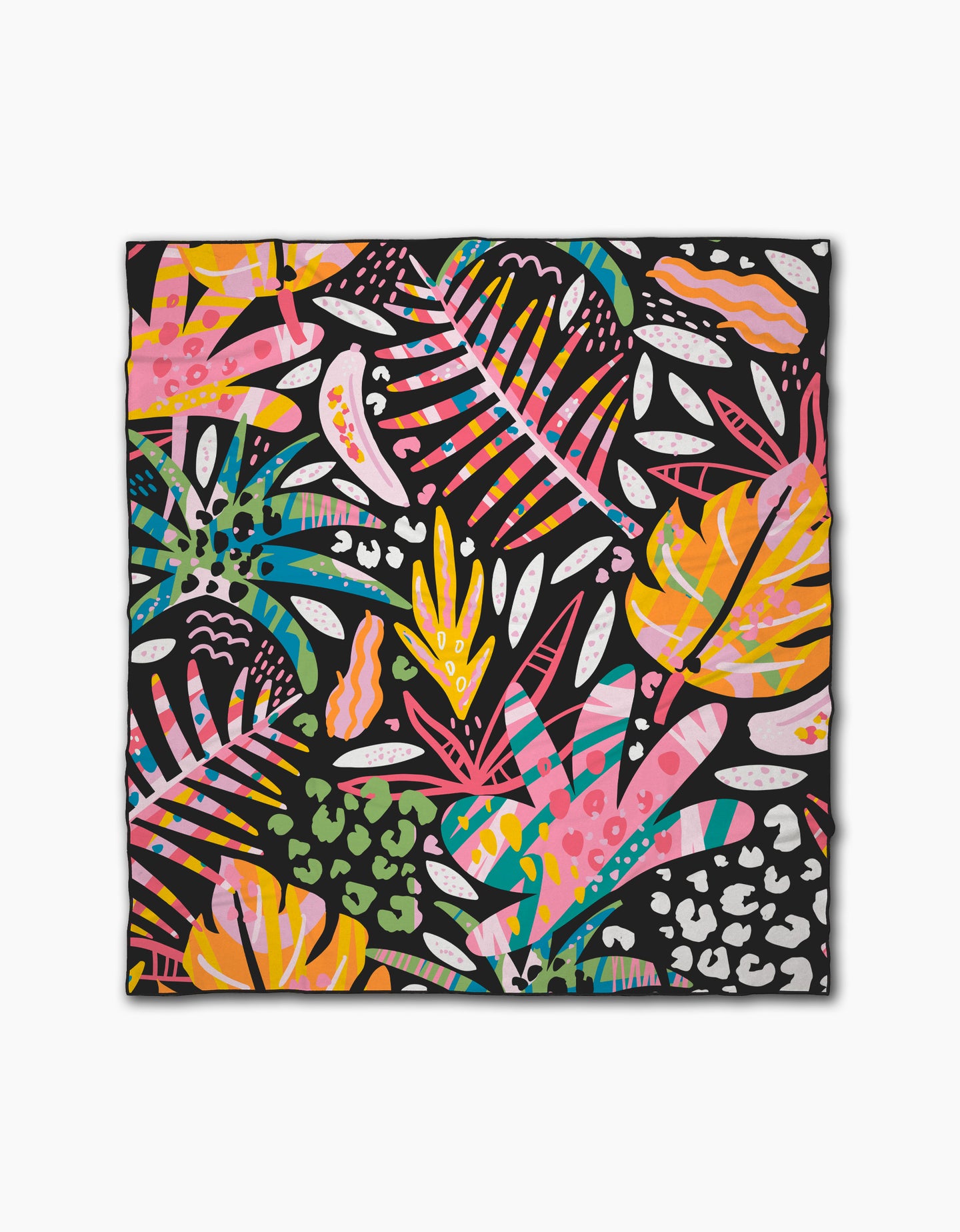 Tropical Nights by Marina Solodka is a colorful scarf with a bold, abstract tropical leaf pattern in pink, yellow, orange, green, and blue on black—crafted with the same vibrant flair as our quick-drying beach blanket.