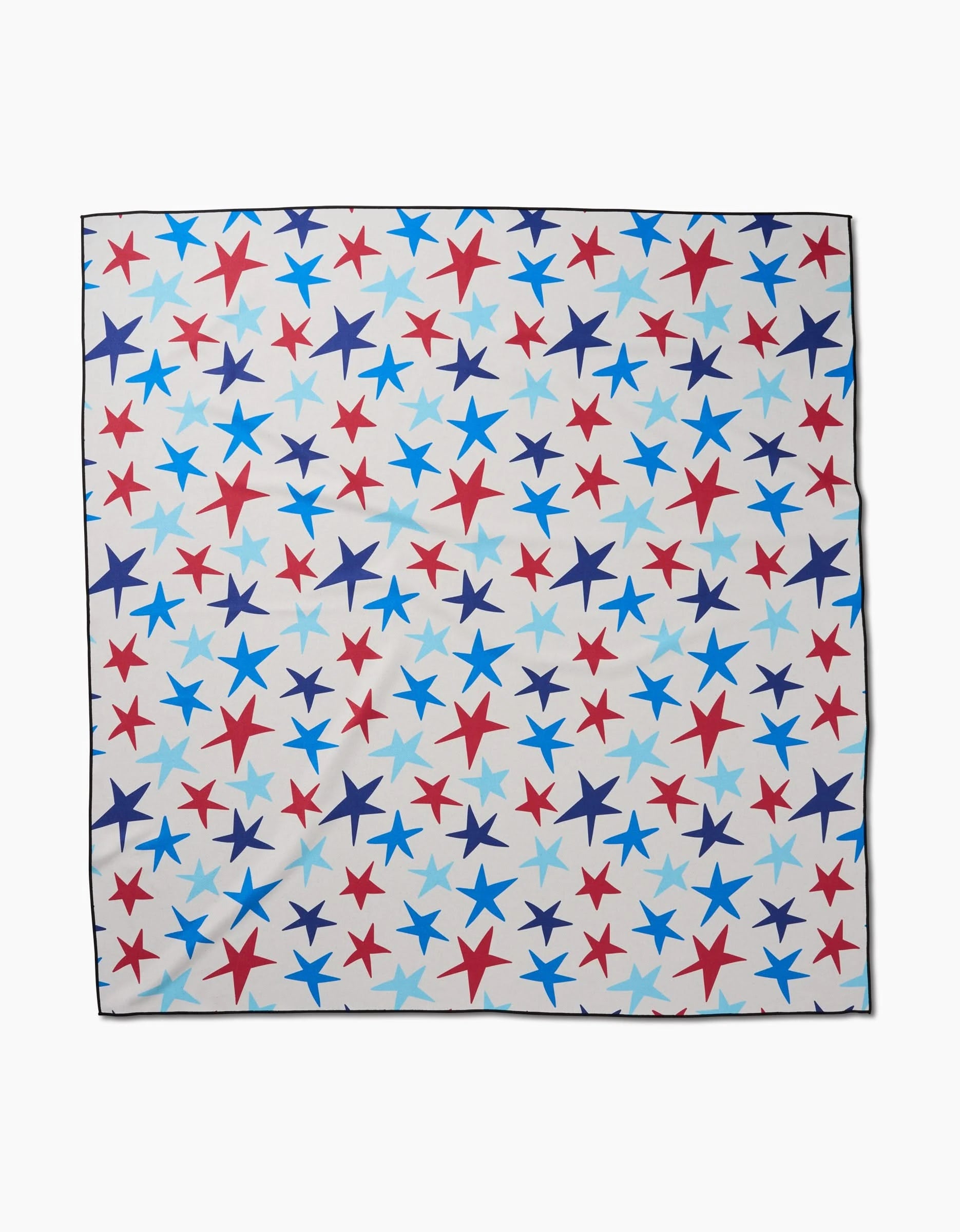 The Mindfulnice Seeing Stars scarf features a white background with blue, red, and light blue stars in various sizes, made from recycled materials.