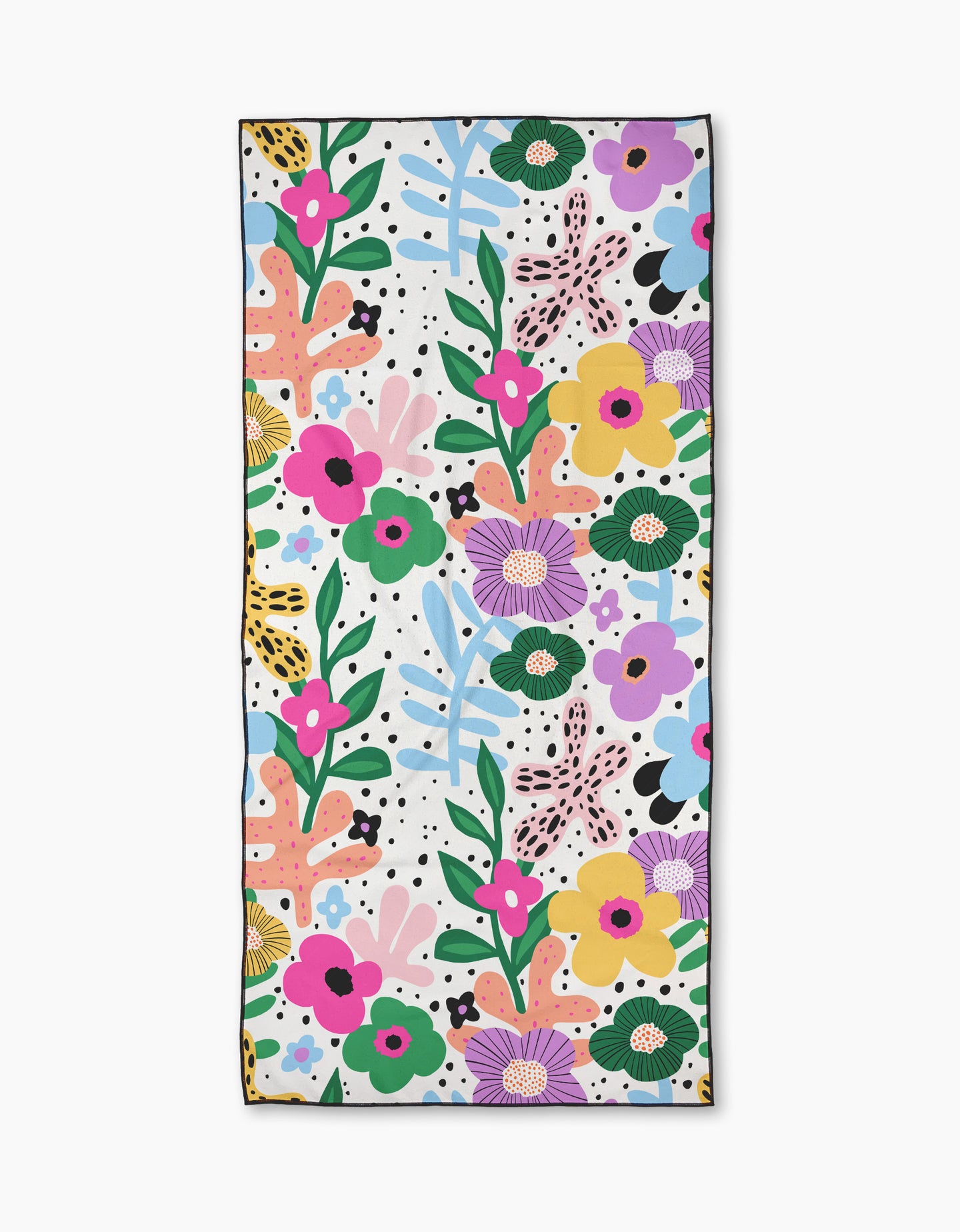 The Abstract Botanicals beach towel by Marina Solodka features a bold, colorful floral design on white, crafted from recycled materials. Its rectangular micro-loop fabric dries quickly for ultimate convenience.