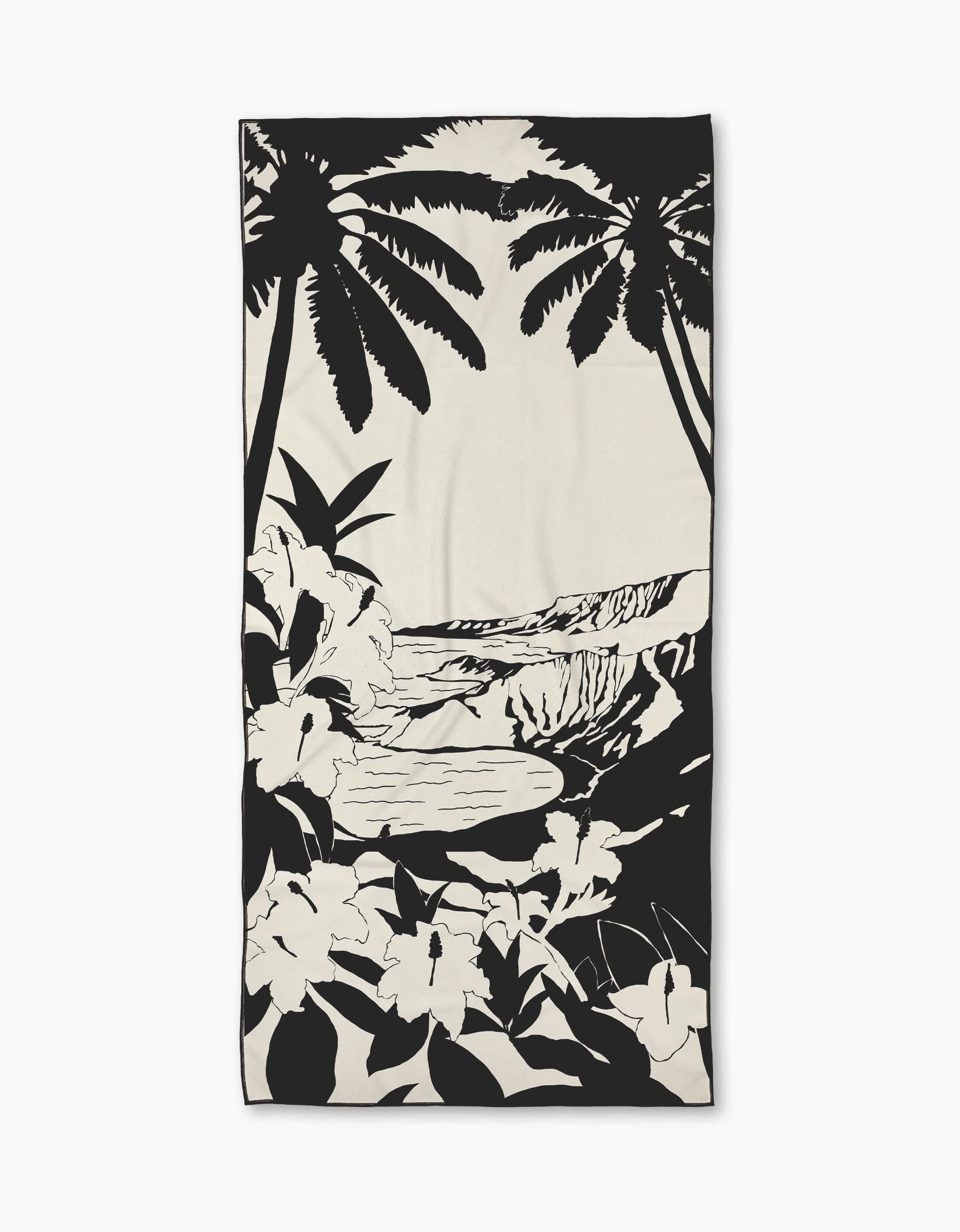 Black and white illustration of a tropical landscape with palm trees, bold flowers, and distant water—perfect inspiration for the Geometry Aloha Shores Micro-loop Beach Towel.