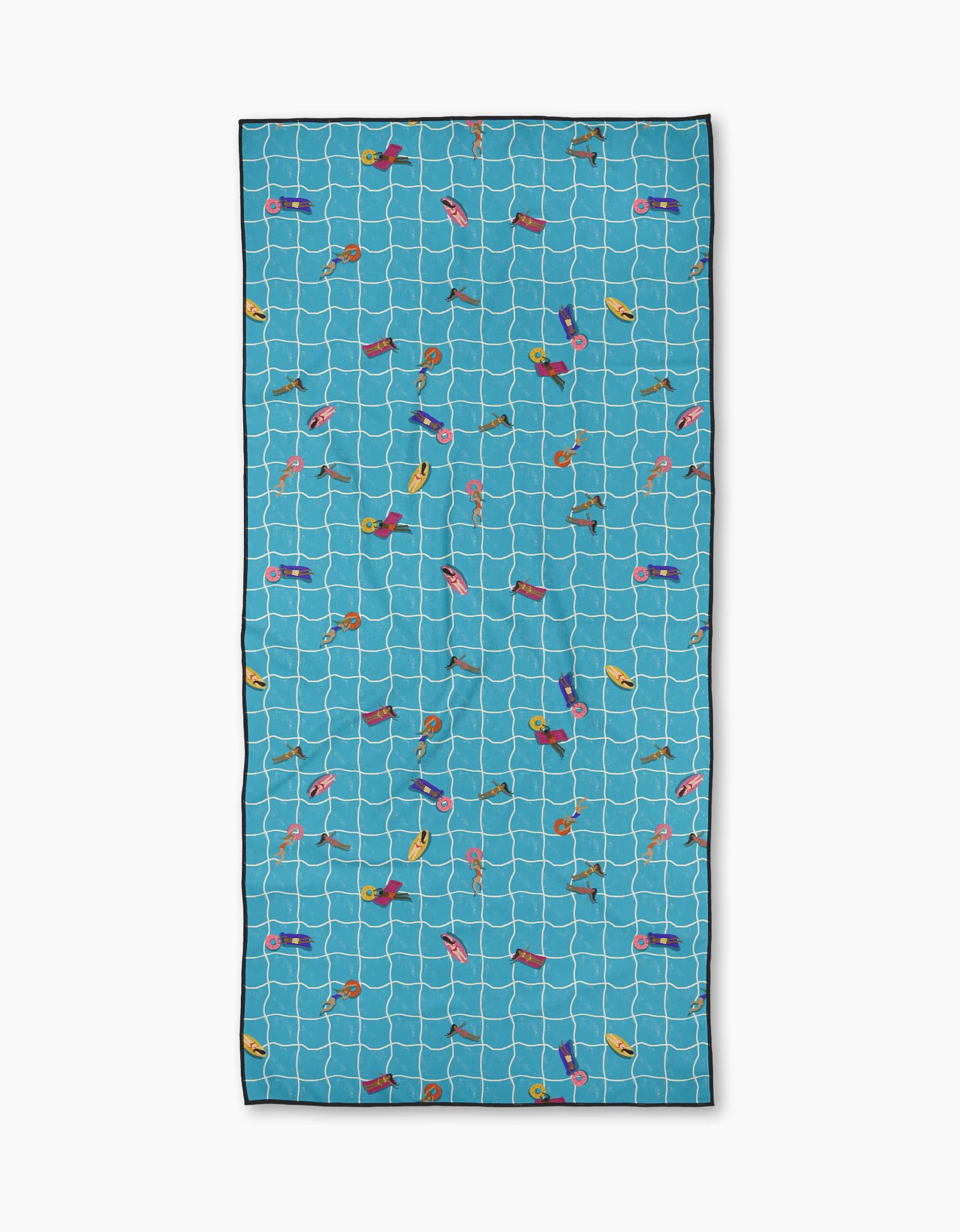 The At The Pool beach towel by Geometry is a rectangular blue towel made from recycled materials, featuring a grid pattern resembling a swimming pool with small illustrations of people swimming and lounging in colorful swimsuits.