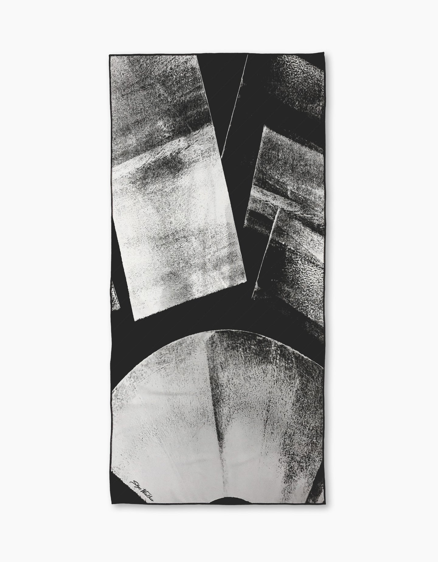 Abstract black and white artwork with geometric shapes—rectangles and a large partial circle—plus textured, brush-like patterns reminiscent of Skye Walker’s Black Graphite Shift.