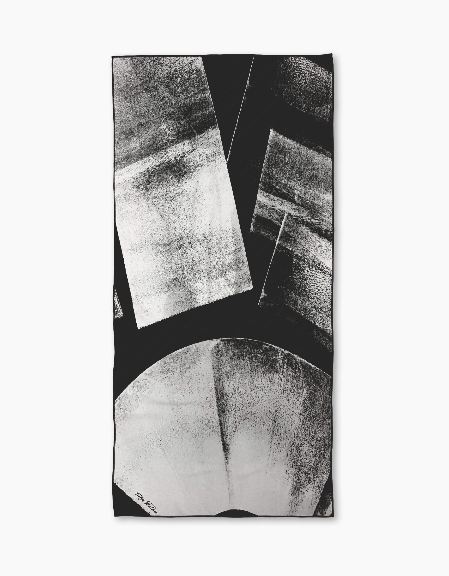 Abstract black and white artwork with geometric shapes—rectangles and a large partial circle—plus textured, brush-like patterns reminiscent of Skye Walker’s Black Graphite Shift.