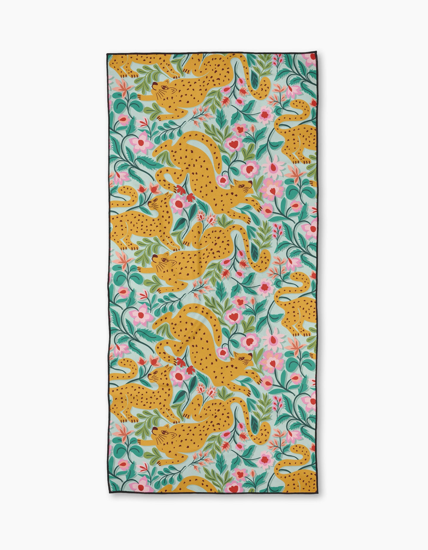 The Cheetah Haven beach towel by Jasmine Blooms Designs is a rectangular, quick-drying towel showcasing yellow cheetahs, green leaves, and pink flowers on a white background.