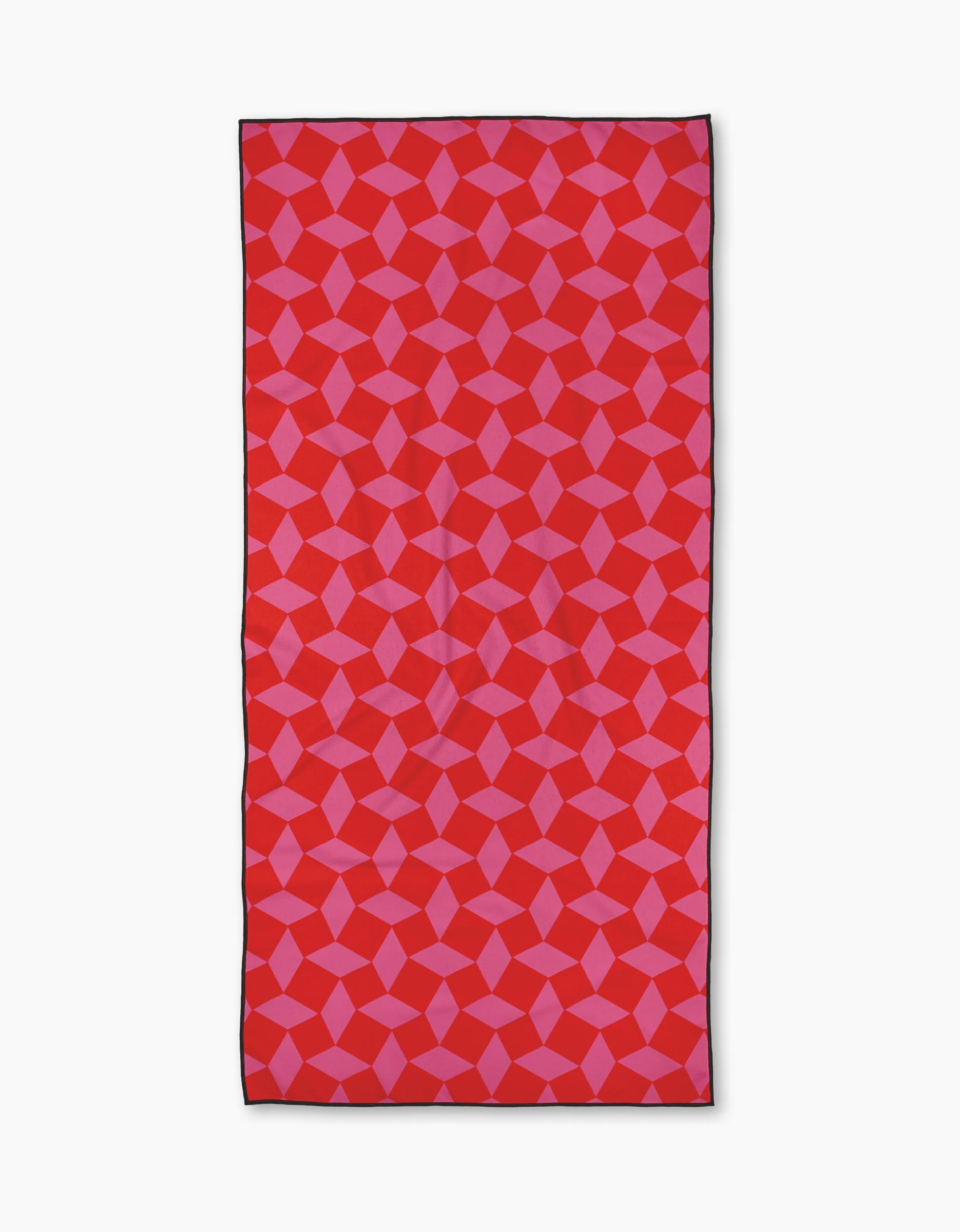 The Geometry Circus Stands Pink Red Micro-loop Beach Towel features bold red and pink interlocking shapes in a striking geometric pattern, a thin black border, and is made from quick-drying recycled materials. Shown on a white background.
