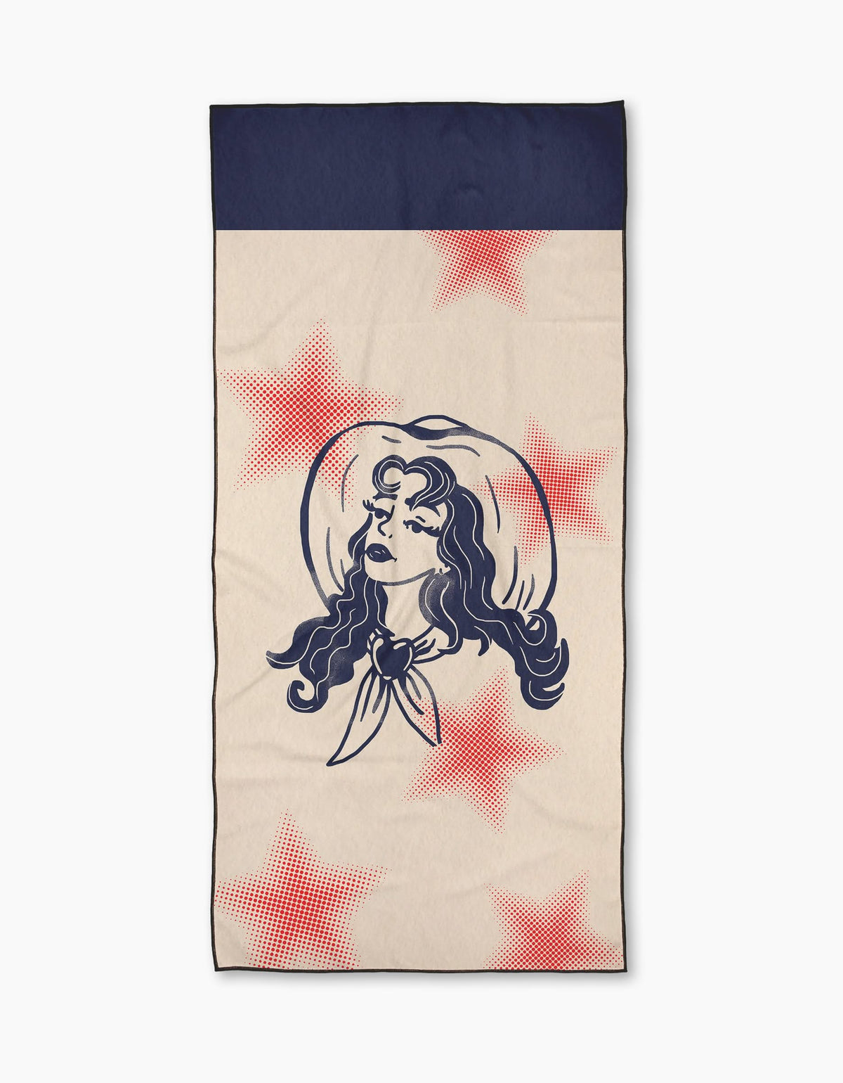 Geometry’s Cowgirl Summer quick-drying beach towel features a stylized woman in a wide-brimmed hat and scarf, large red stars on beige, and a solid navy band. Made from recycled materials.