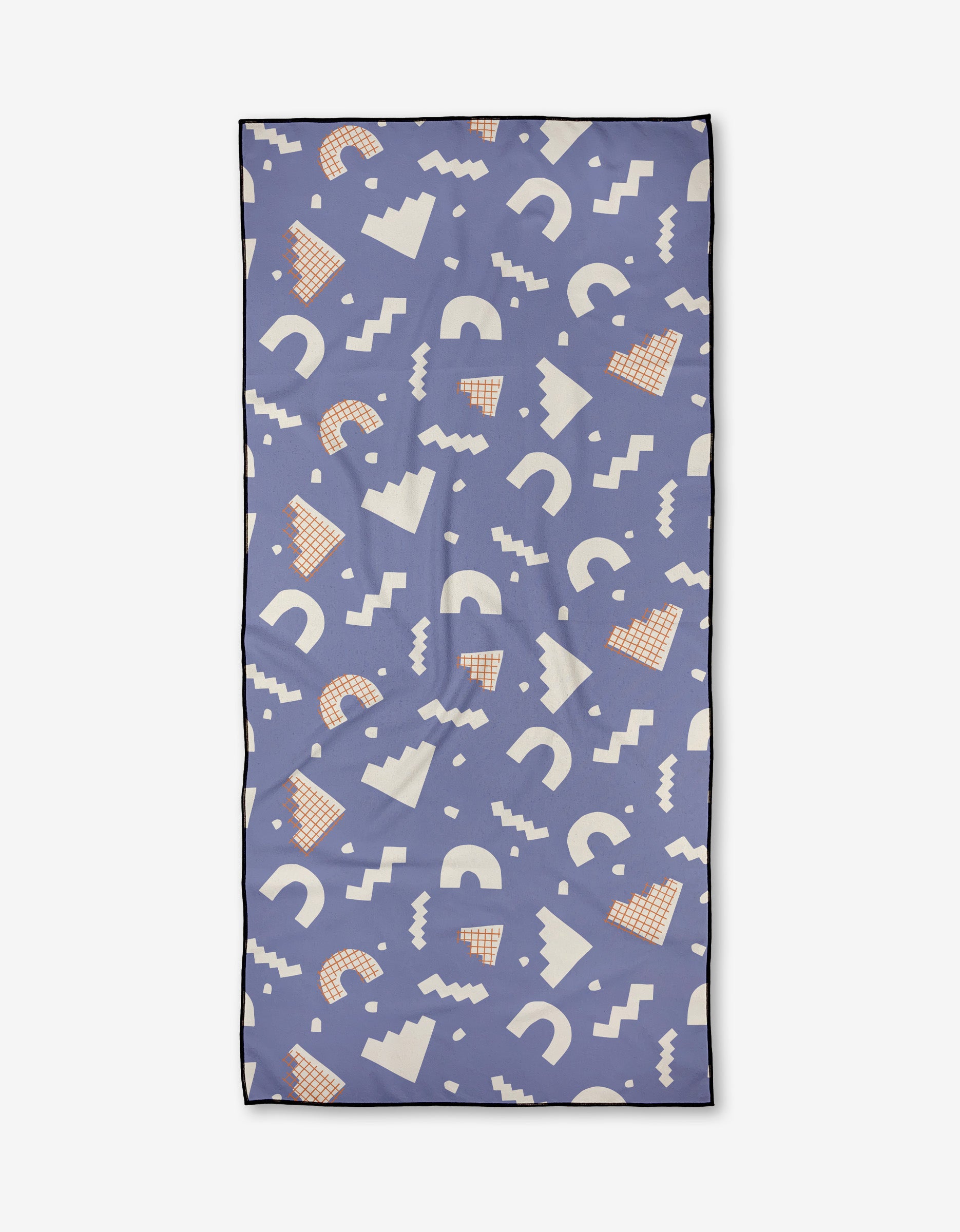 The Cutout Shapes rectangular Micro-loop Beach Towel by Claire Iglesias features a blue background with white and orange abstract geometric shapes. Made from quick-drying recycled materials, it is finished with a thin black border.