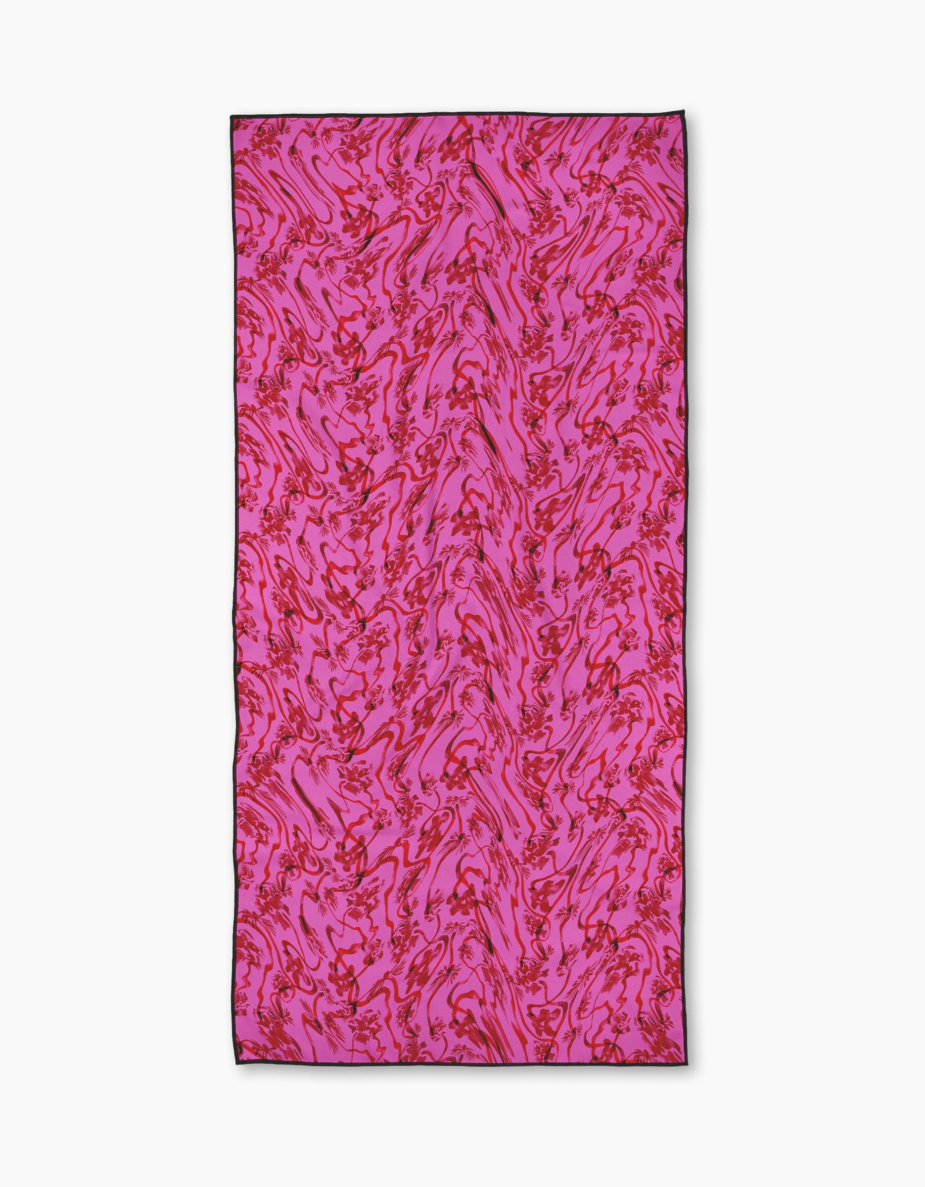The Geometry Floral Swirls Pink beach towel, featuring a pink background with abstract red swirls and a thin black border, is laid flat on a white surface. Made from post-consumer recycled materials and quick-drying.