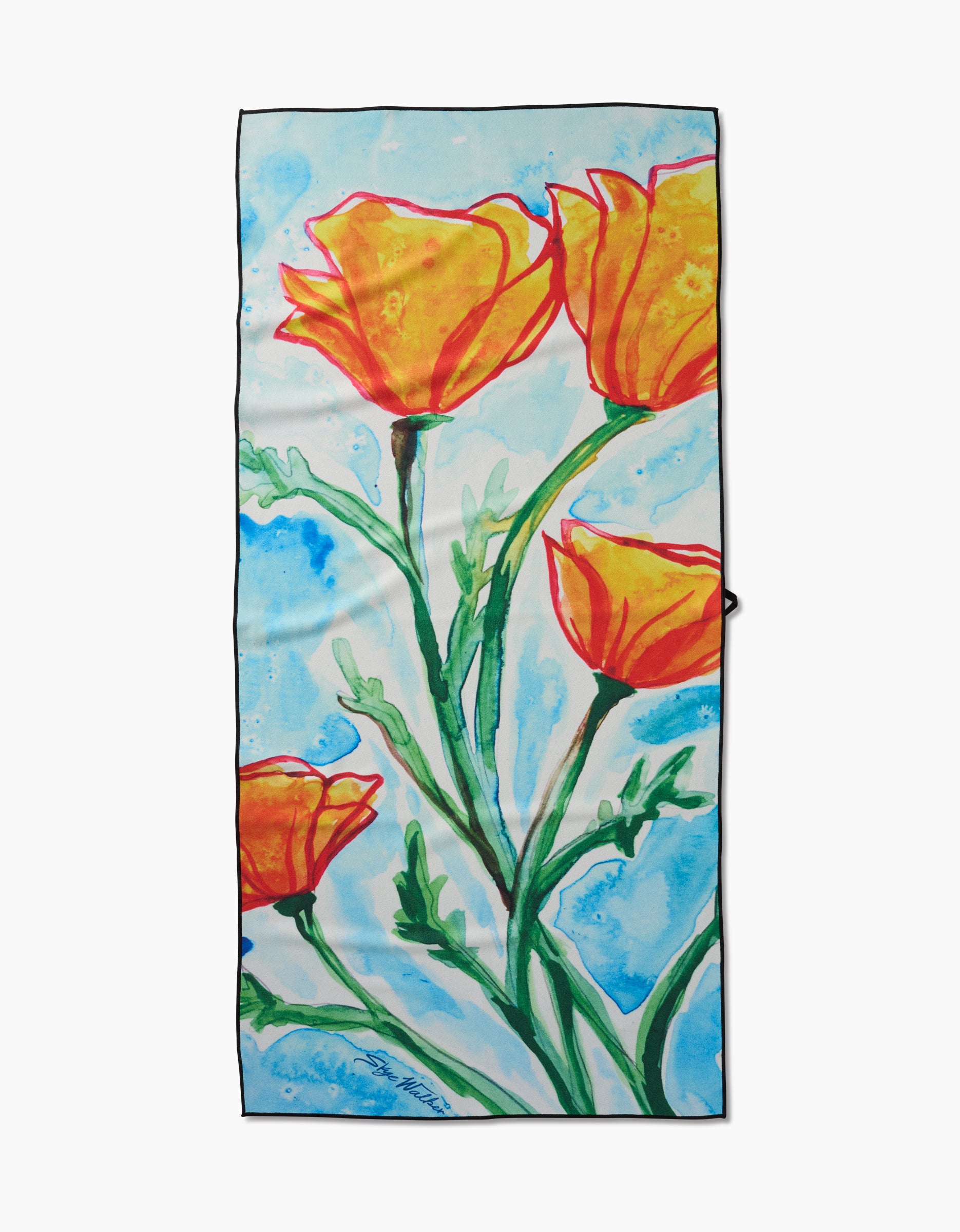 The Skye Walker Golden Poppy Flowers Geometry Micro-loop Beach Towel showcases four orange California poppies with green stems on a blue and white background, made from quick-drying recycled materials.