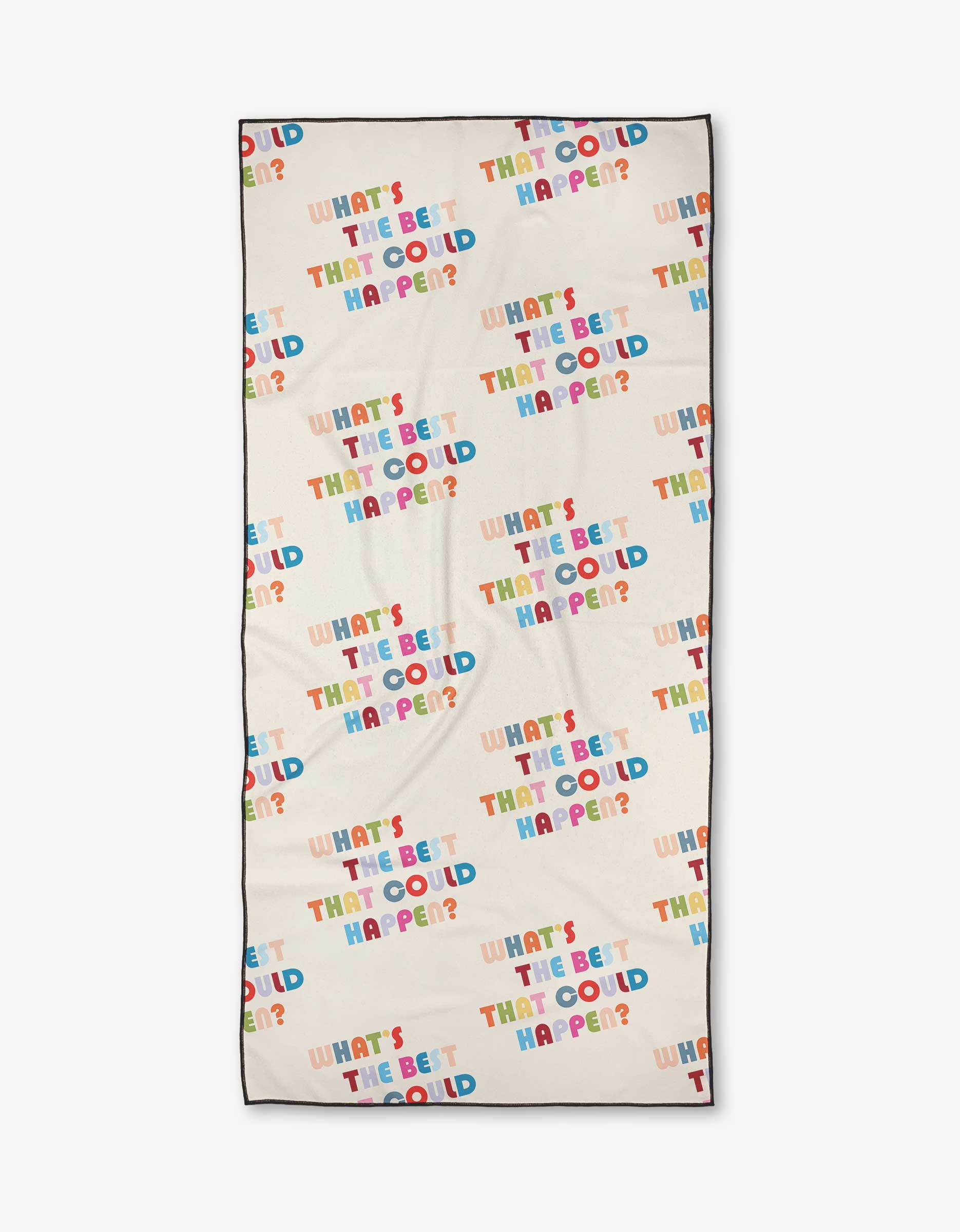 The Good Question blanket by Quotes by Christie is beige, made from recycled materials, and features the phrase WHATS THE BEST THAT COULD HAPPEN? in colorful, playful fonts.