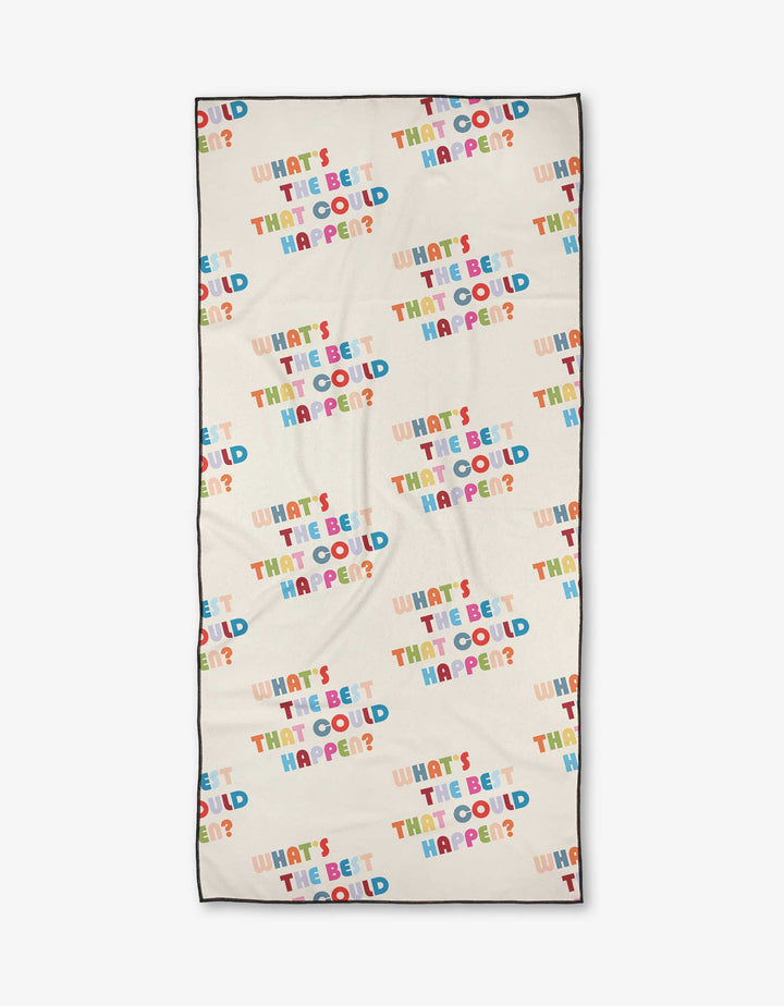 The Good Question blanket by Quotes by Christie is beige, made from recycled materials, and features the phrase WHATS THE BEST THAT COULD HAPPEN? in colorful, playful fonts.