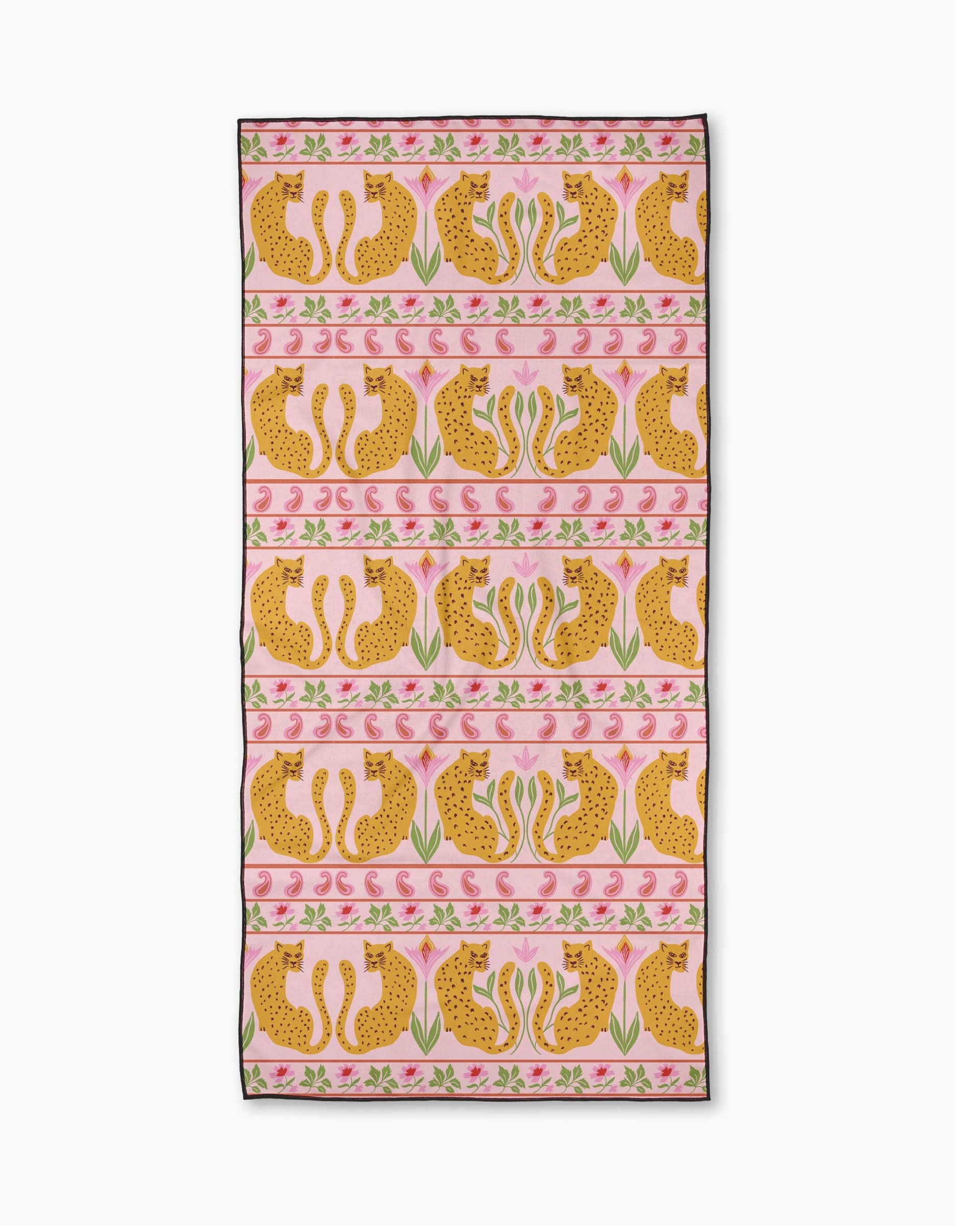 The Jungle Blooms Pink beach towel by Jasmine Blooms Designs is rectangular, quick-drying, and features a pink background with symmetrical rows of illustrated cheetahs and pink flowers in a decorative pattern.