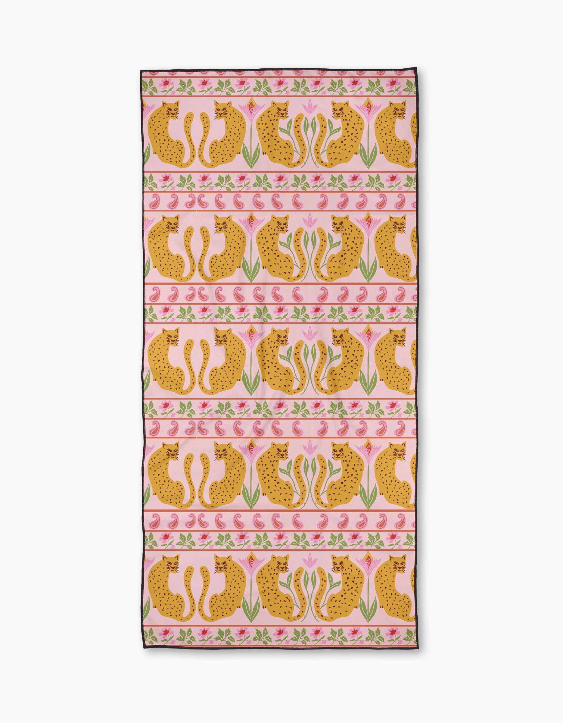 The Jungle Blooms Pink beach towel by Jasmine Blooms Designs is rectangular, quick-drying, and features a pink background with symmetrical rows of illustrated cheetahs and pink flowers in a decorative pattern.