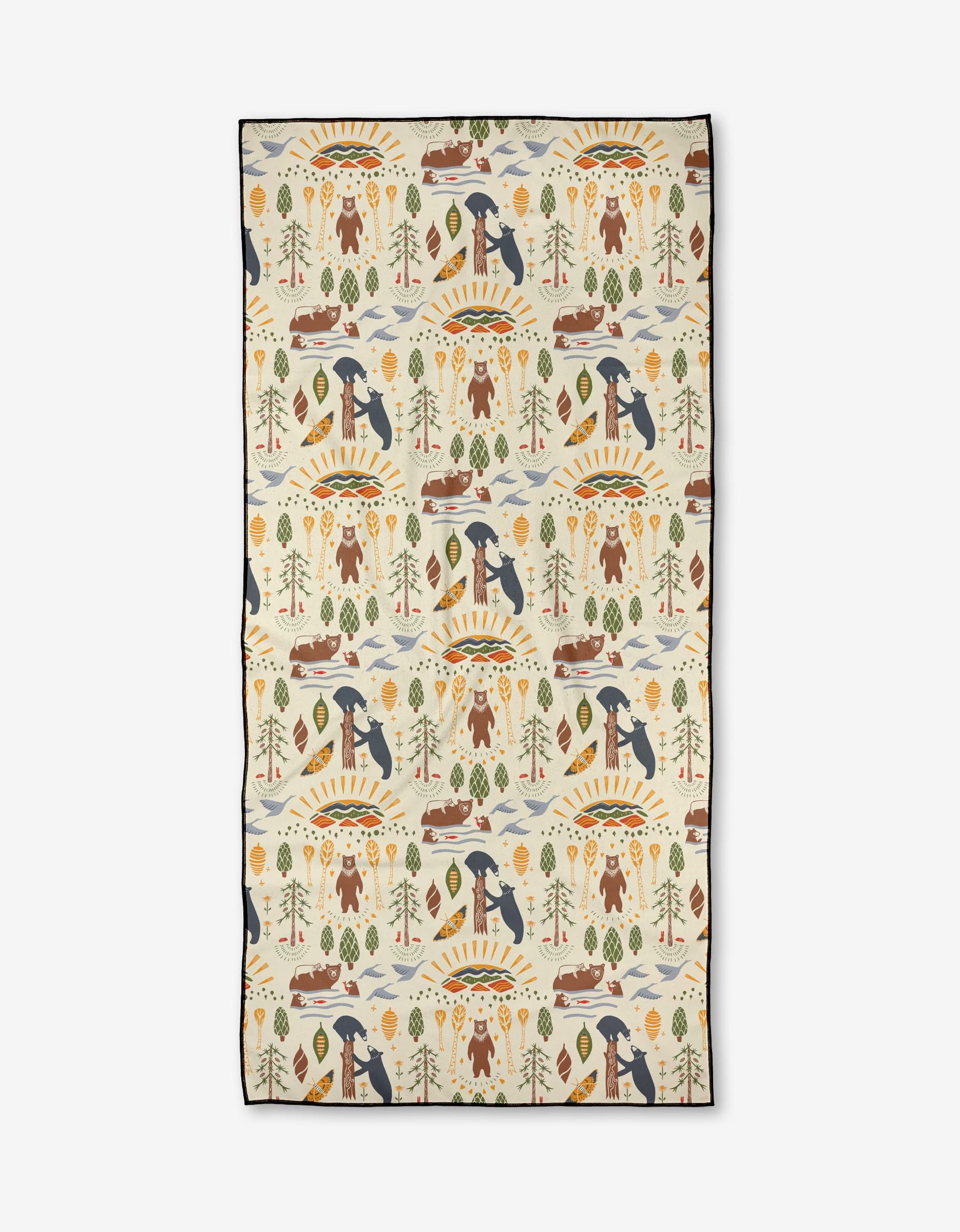 The Mama Bear Micro-loop Beach Towel by Elisabeth Wing features playful bears, trees, canoes, fish, and suns on a cream background. This quick-drying rectangular towel is crafted from recycled materials and has an outdoorsy camping theme.
