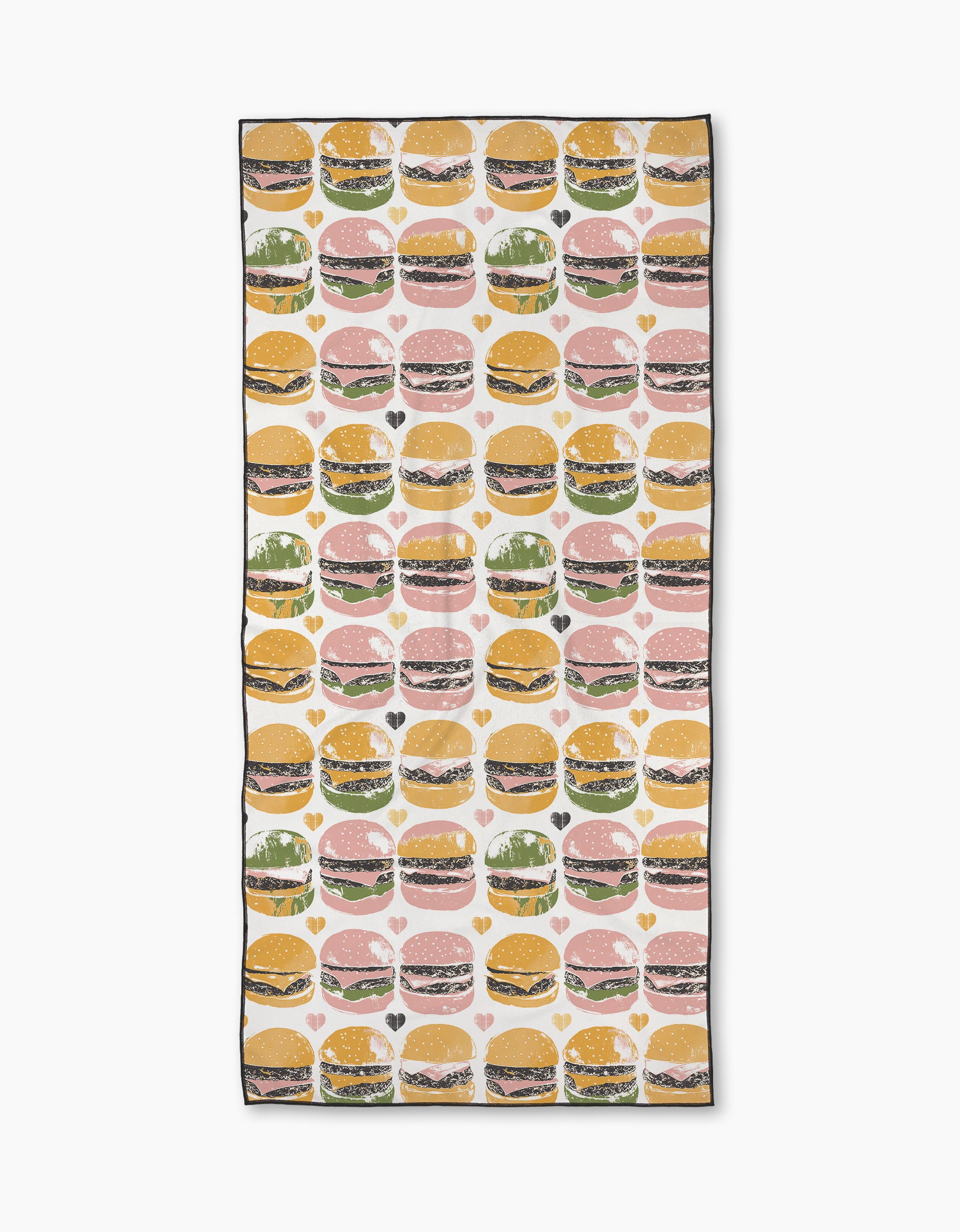 The Geometry On The Grill beach towel features a repeating cheeseburger pattern in yellow, green, pink, and brown on white. Made from quick-drying recycled materials for eco-friendly style and convenience.