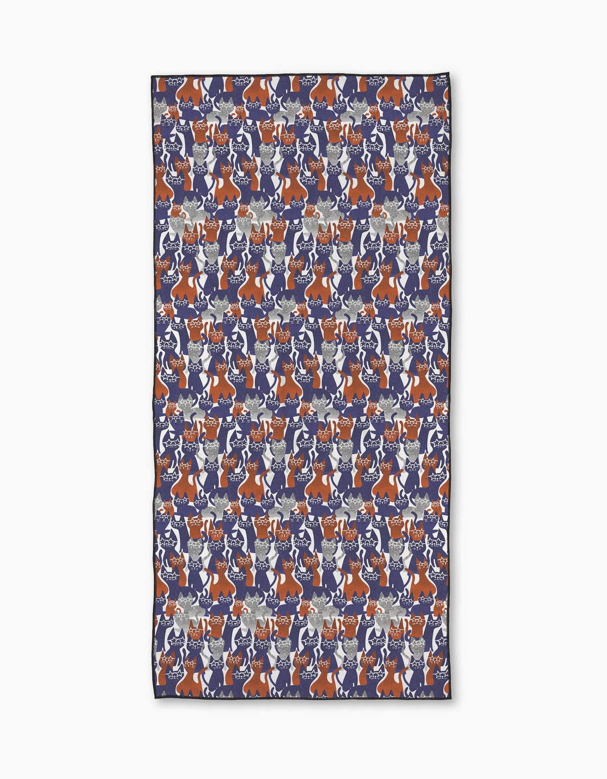 The Geometry Parading Cats rectangular beach towel features a repeating pattern of blue, orange, gray, and white cartoon cats with various expressions on a white background. Made from quick-drying recycled materials for comfort and sustainability.