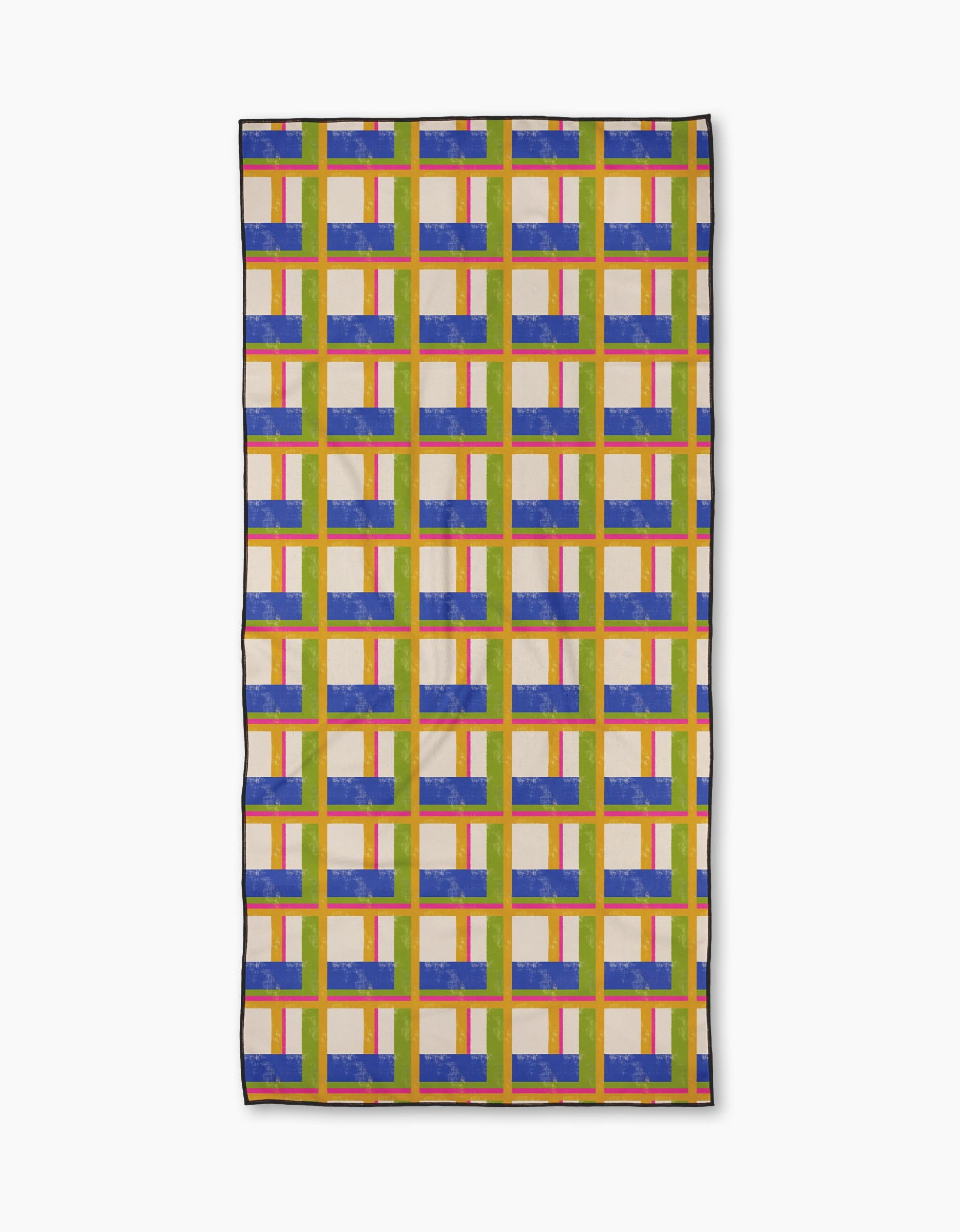 The Paradise Grid towel by Geometry is made from ultra-absorbent recycled materials and features a colorful geometric grid of blue, orange, green, and yellow rectangles and lines on a white background.