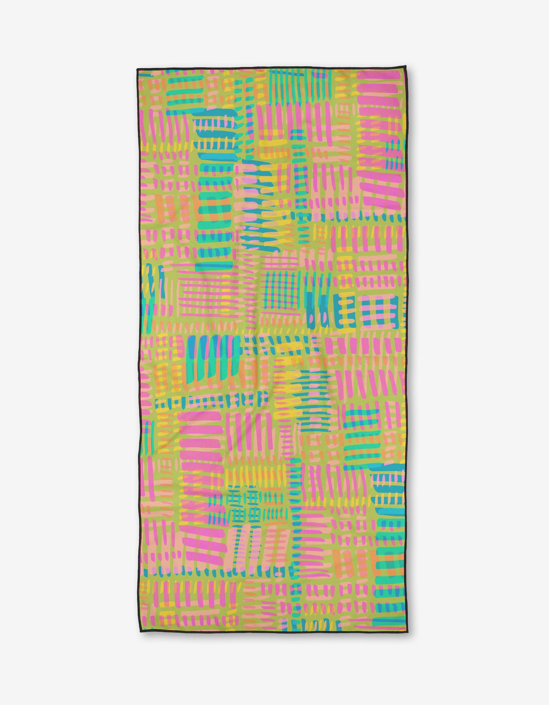 The Positive Vibes Beach Towel by Sareka Unique features a vibrant geometric pattern with overlapping pink, yellow, green, and blue stripes and rectangles on a light background, plus quick-drying fabric and a dark border.