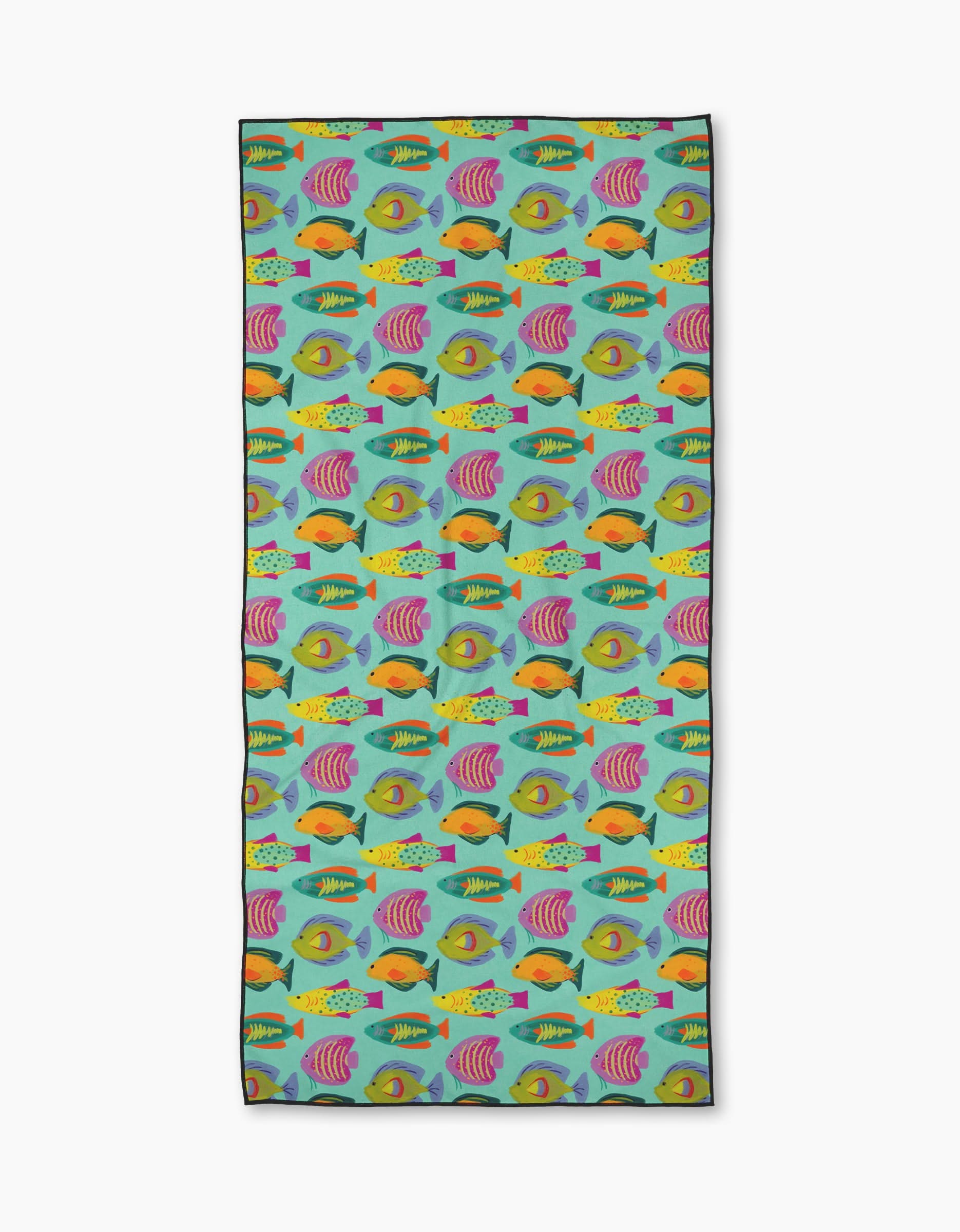 The Schooling Micro-loop Beach Towel by Geometry features a vibrant, repeating tropical fish pattern in orange, yellow, pink, green, and purple on turquoise. Made with recycled materials, this quick-drying towel is eco-friendly and stylish.