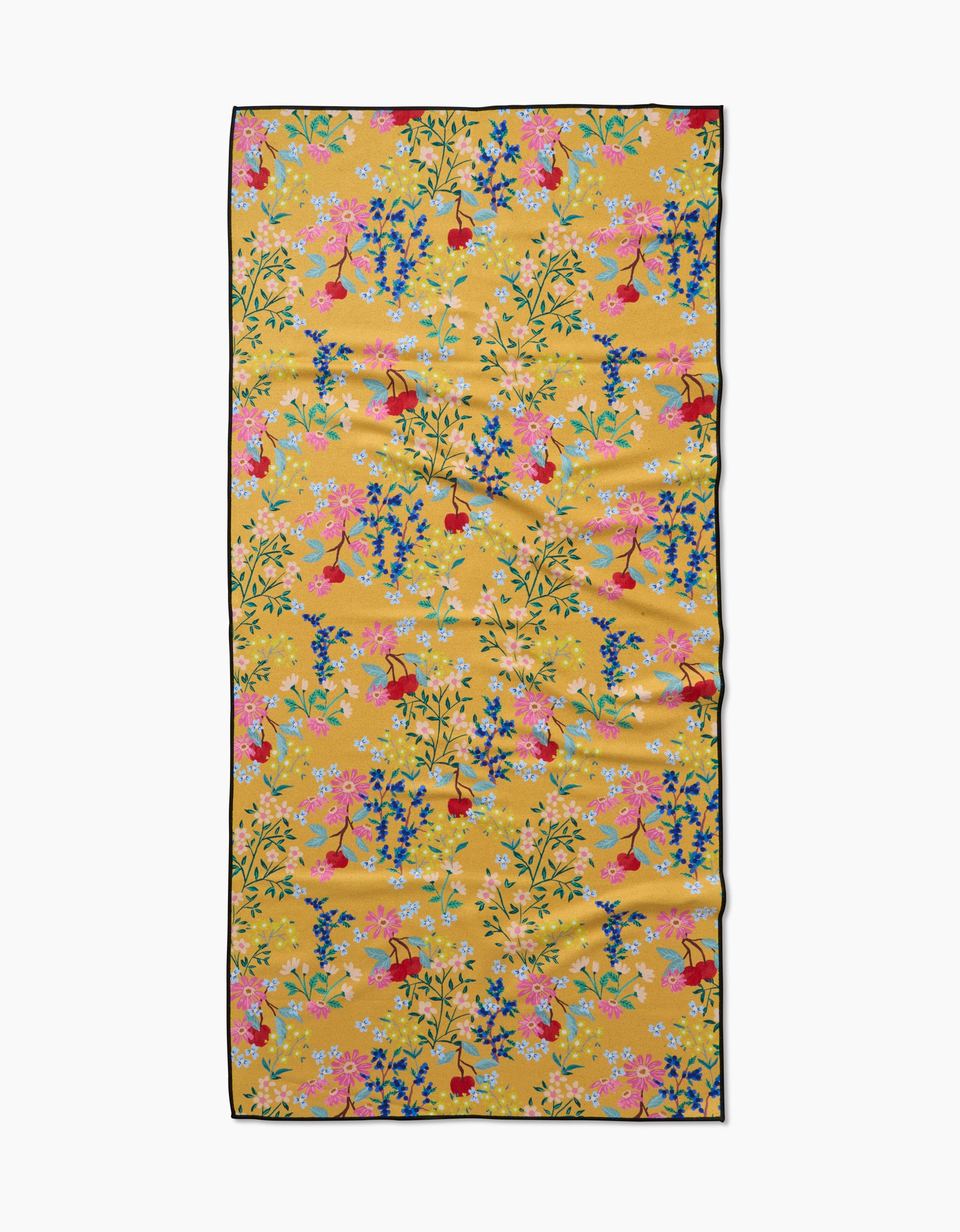 The Sunny Cherry Blossoms towel by Brittany Jepsen is a rectangular yellow compact beach towel, decorated with colorful floral and bird patterns in pink, blue, and red, plus a thin black border. Quick-drying and perfect for the beach.