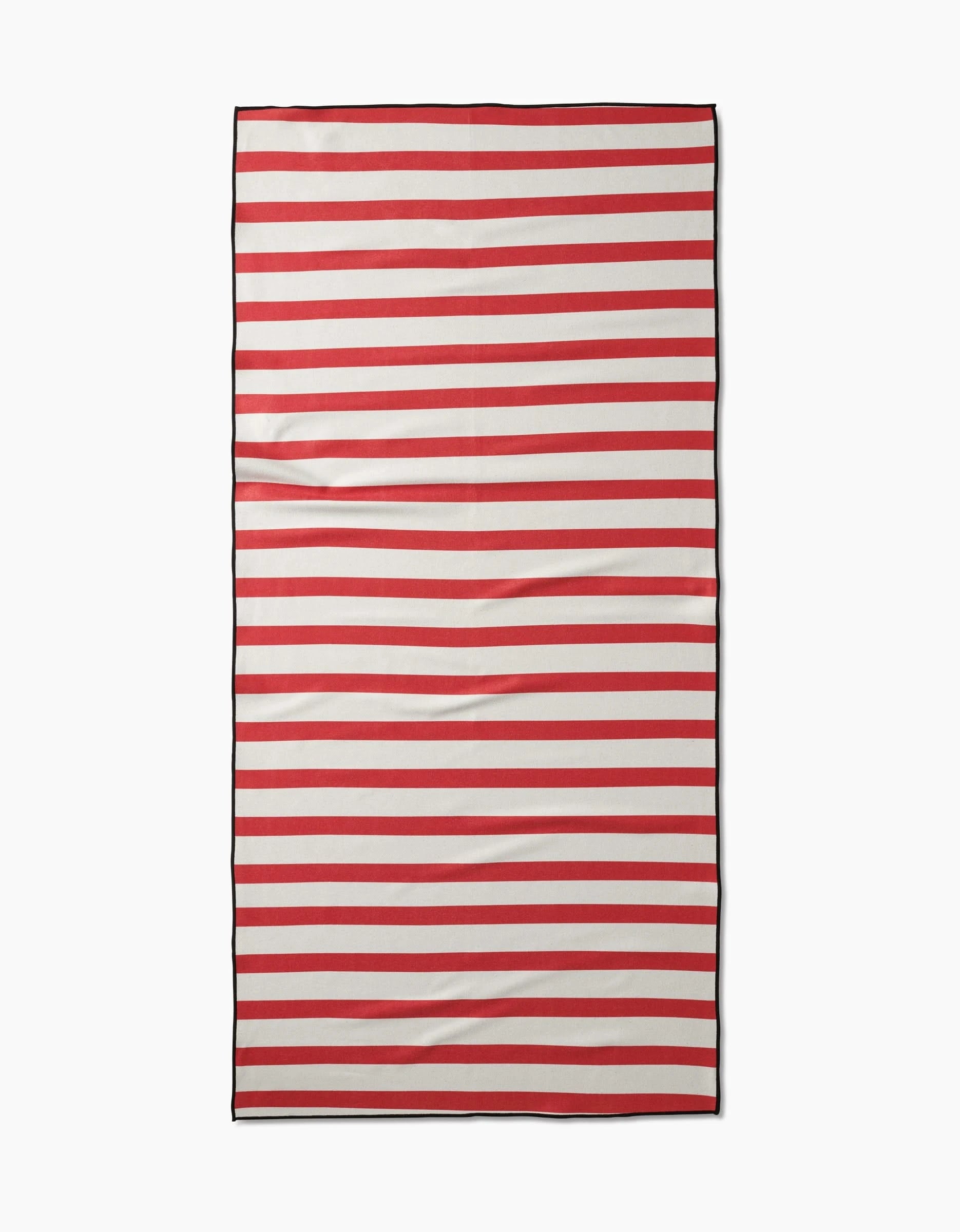 The Mindfulnice USA Stripes Micro-loop Beach Towel, rectangular with horizontal red and white stripes and a thin black border, is crafted from recycled materials and shown flat on a white background.