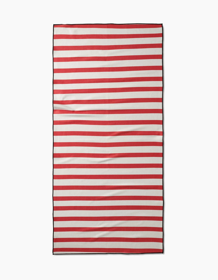 The Mindfulnice USA Stripes Micro-loop Beach Towel, rectangular with horizontal red and white stripes and a thin black border, is crafted from recycled materials and shown flat on a white background.