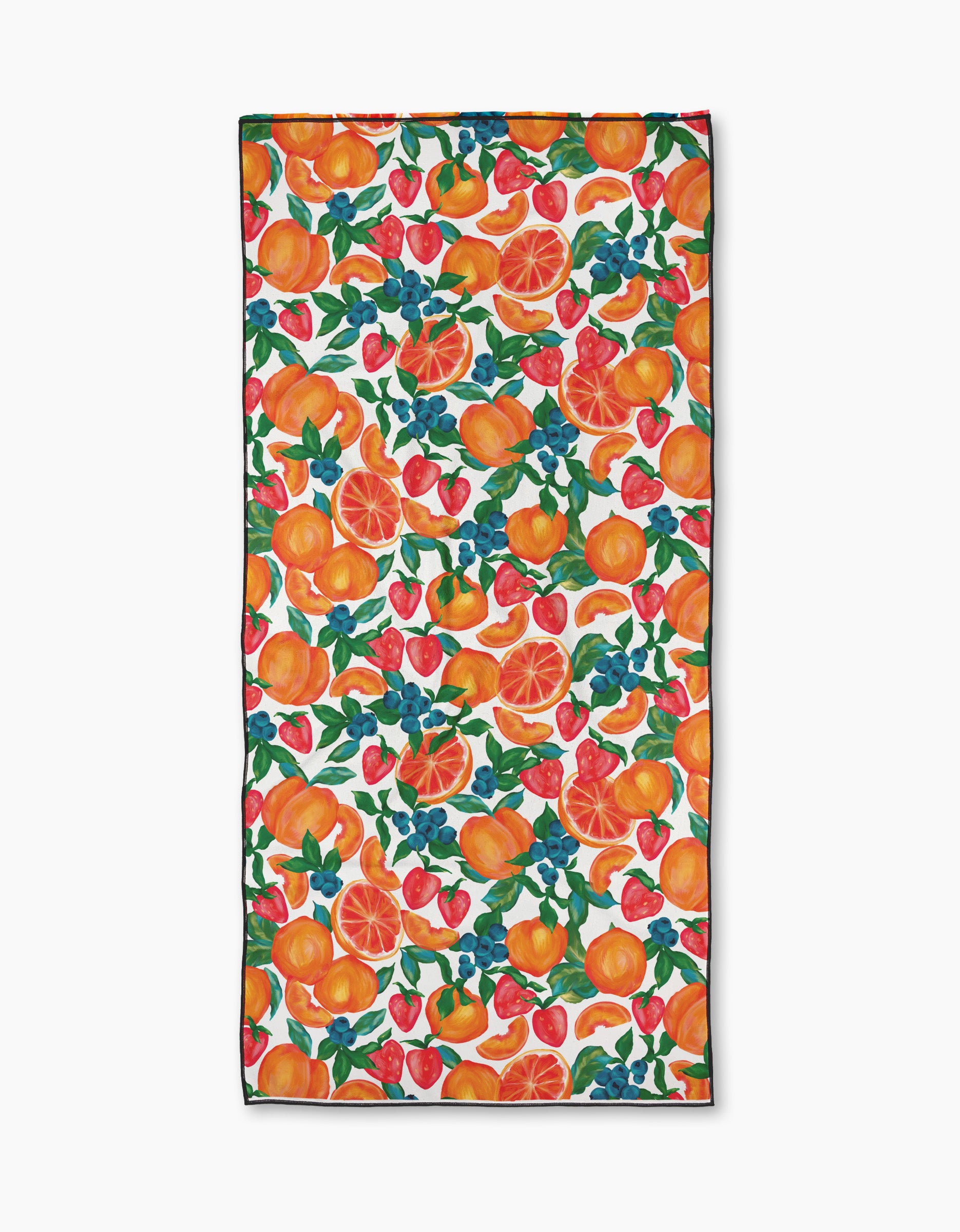 The Aubrey Fairchild Zesty Life is a quick-drying rectangular beach towel with a colorful orange, grapefruit, strawberry, and blueberry pattern accented by green leaves on a white background.