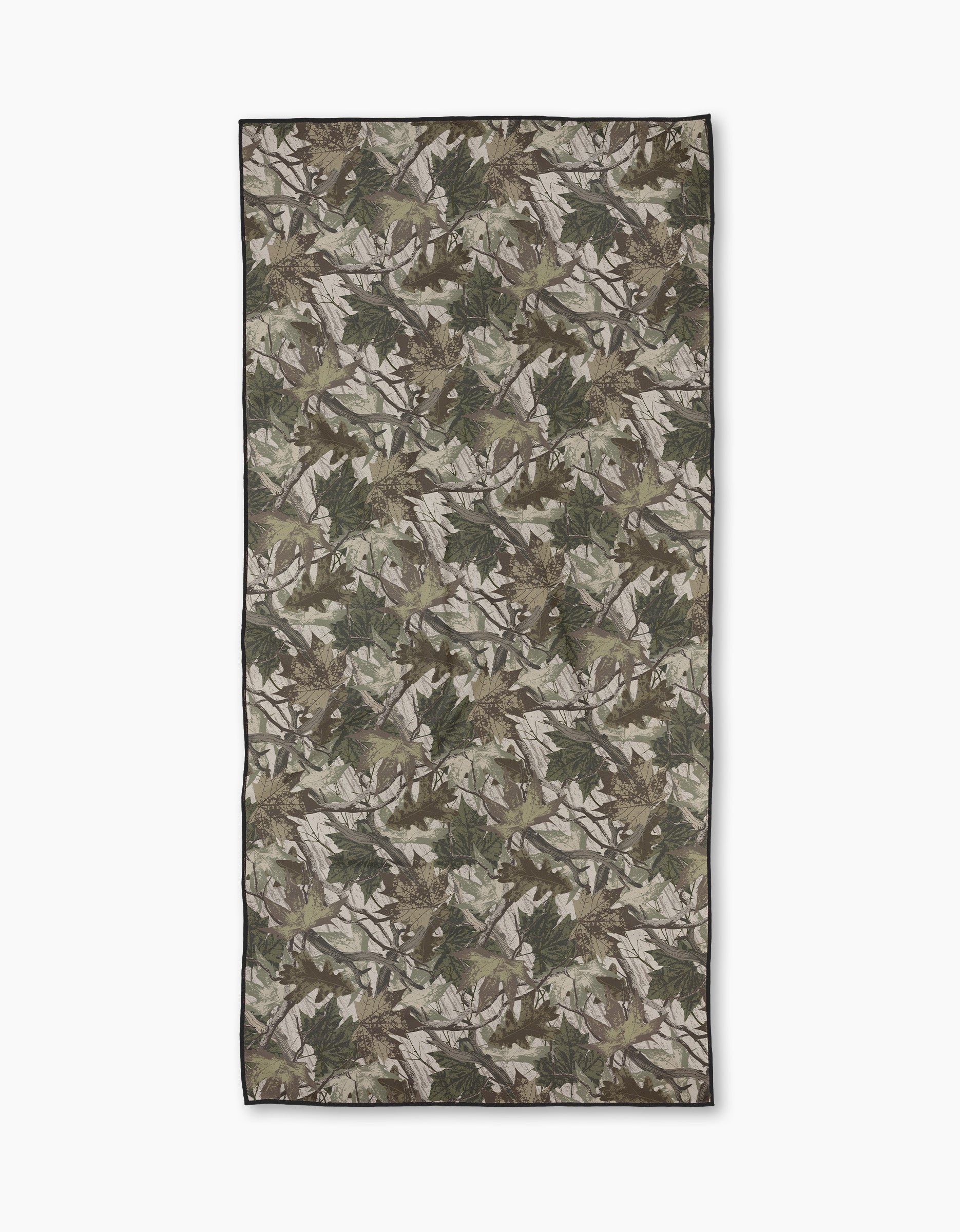 The Geometry Dad Camo Micro-loop Beach Towel features a green, brown, and beige woodland camo print, made from recycled materials and shown flat on a white background.