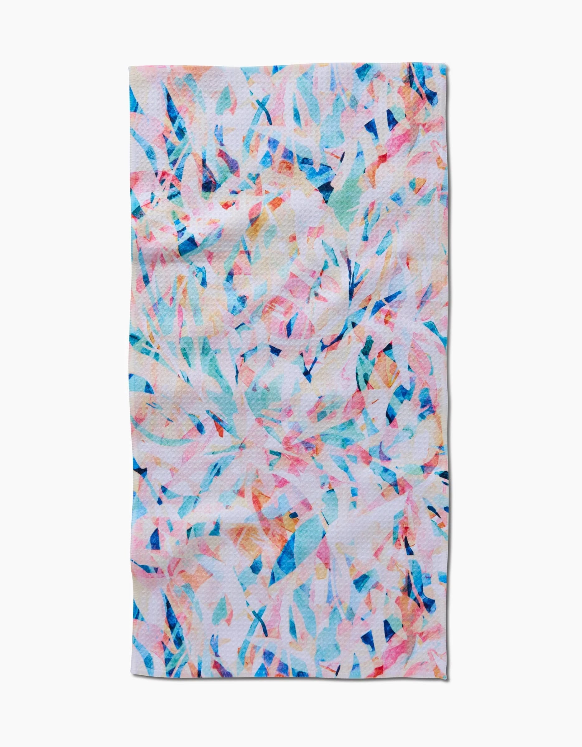 The Abstract Jungle bar towel by Rachel Parker is rectangular and made from recycled materials, showcasing a colorful abstract pattern with swirling pastel blue, pink, orange, and white shapes on a light background.