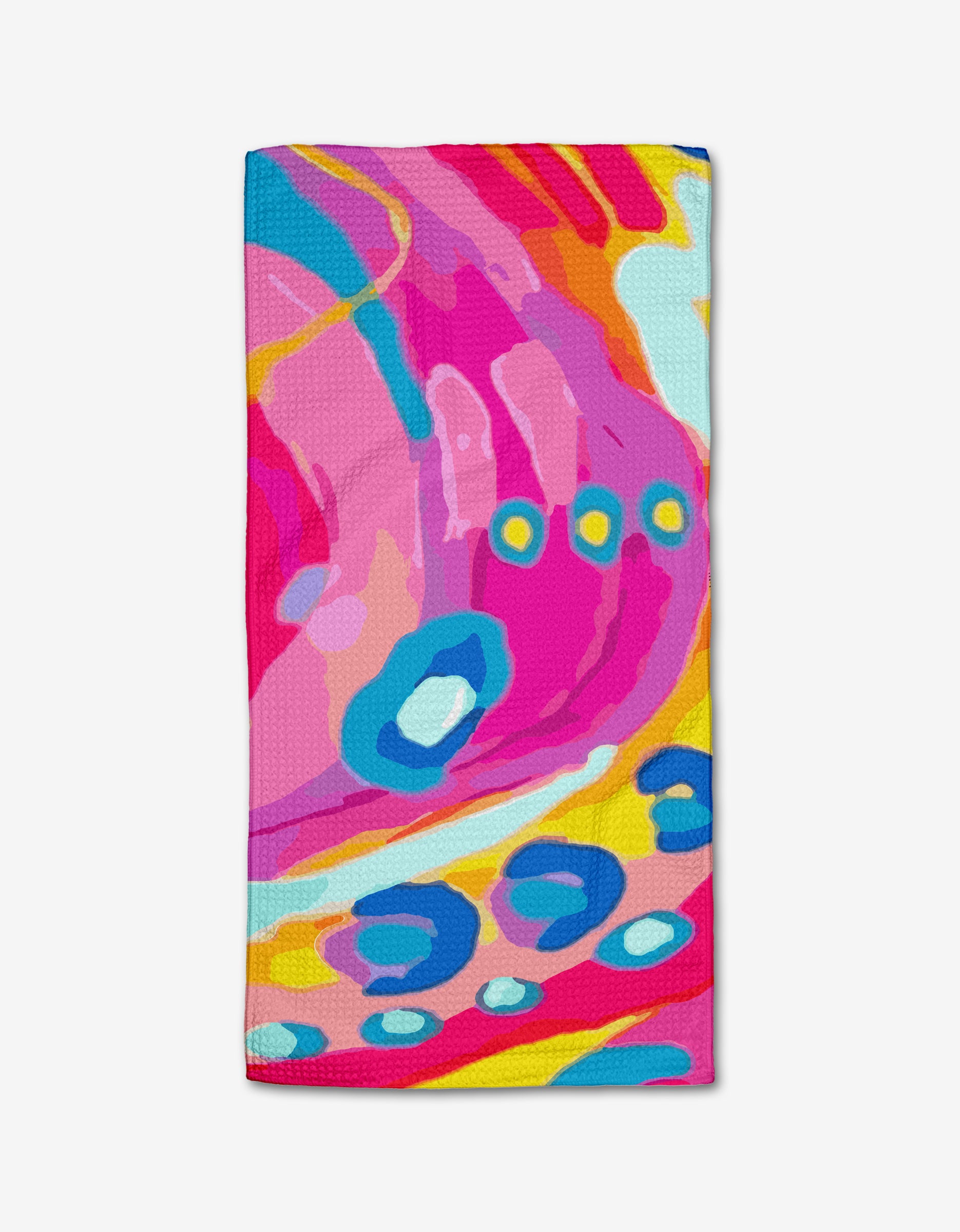 The Abundance bar towel by Sareka Unique features bold swirls, circles, and curved patterns in pink, blue, yellow, orange, and light green on soft Geoweave™ fabric—an eye-catching abstract design for your bar or kitchen.