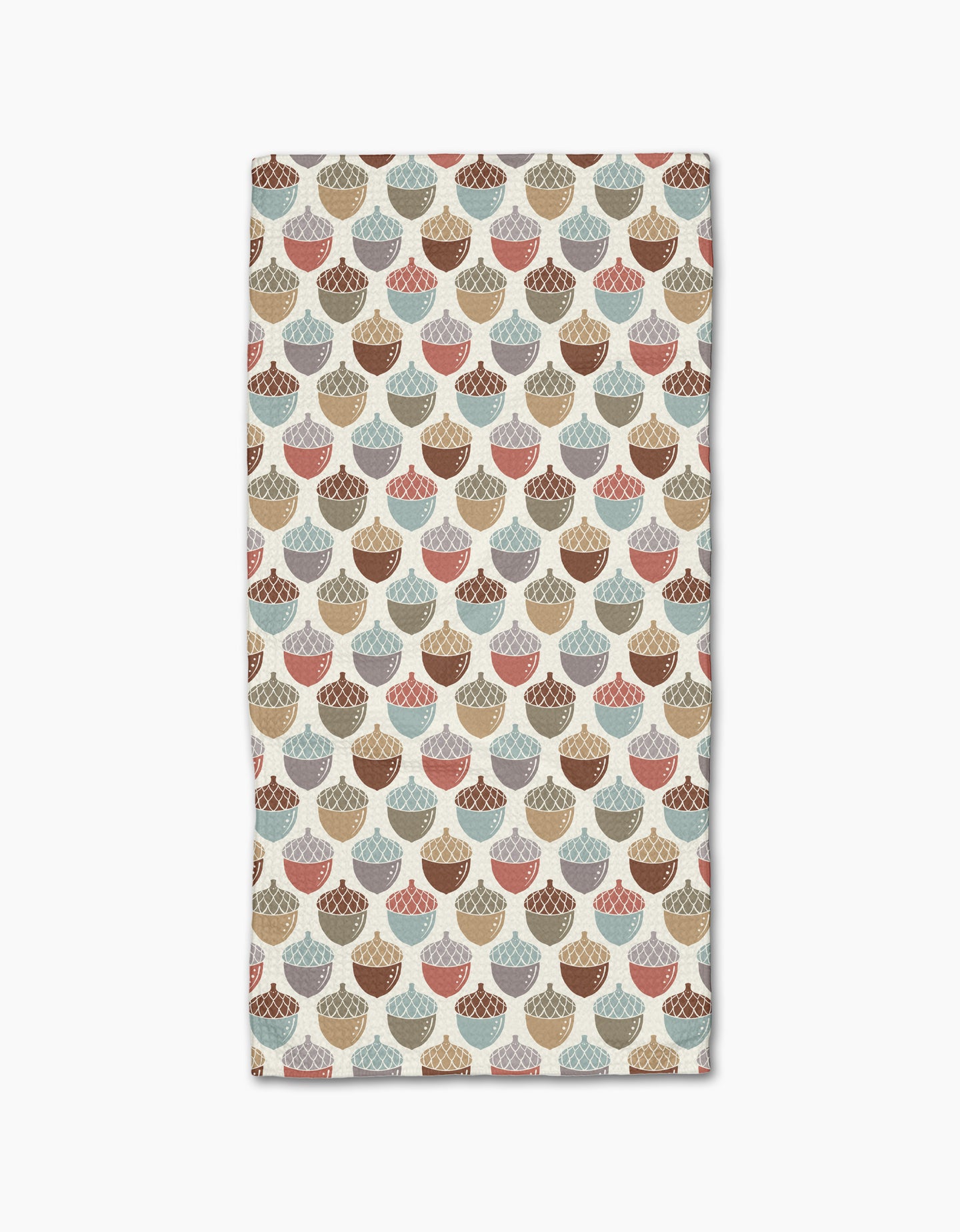 The Acorn Waltz bar towel by Sarah Daugherty is rectangular, ultra-absorbent, and made from recycled materials. It features a repeating acorn pattern in brown, beige, blue, and red on a light background.