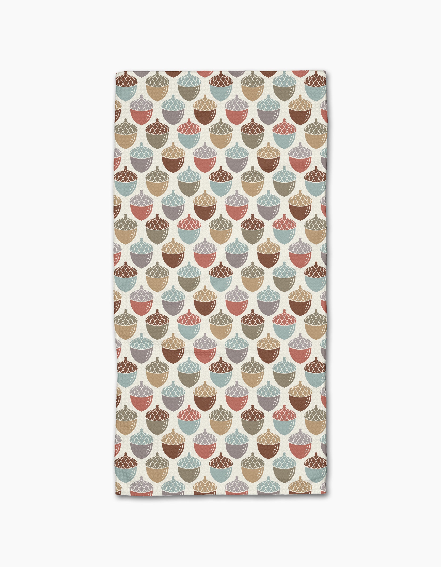 The Acorn Waltz bar towel by Sarah Daugherty is rectangular, ultra-absorbent, and made from recycled materials. It features a repeating acorn pattern in brown, beige, blue, and red on a light background.