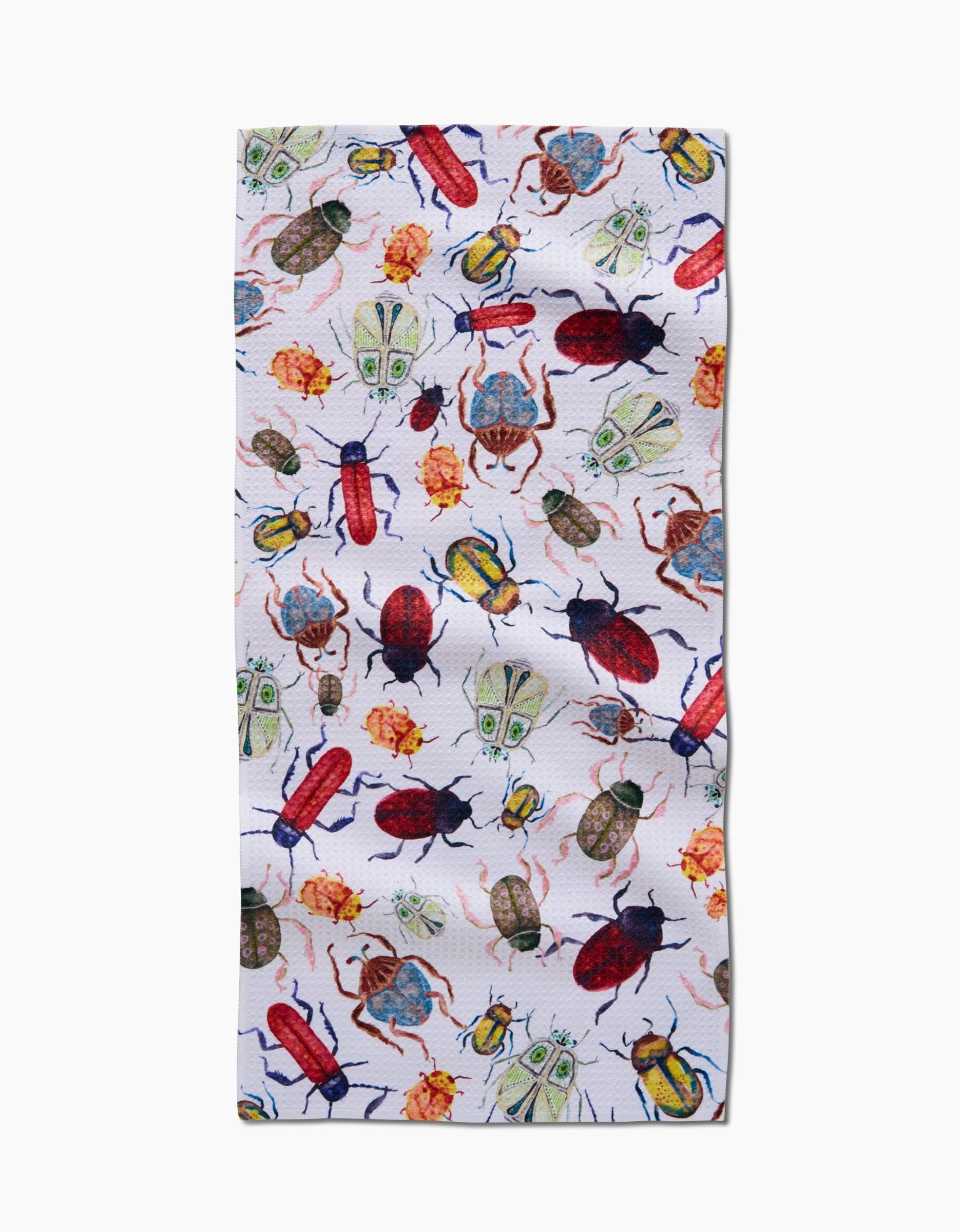 The Taryn Brennan African Beetles Bar Towel features colorful illustrated beetles and bugs on white Geoweave fabric in a rectangular shape.