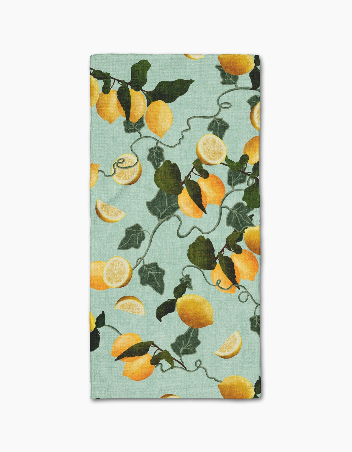 The Pascale Dilger Amalfi Lemons bar towel features a vibrant pattern of whole lemons, lemon slices, and green leaves on light blue, crafted for ultra-absorbency.