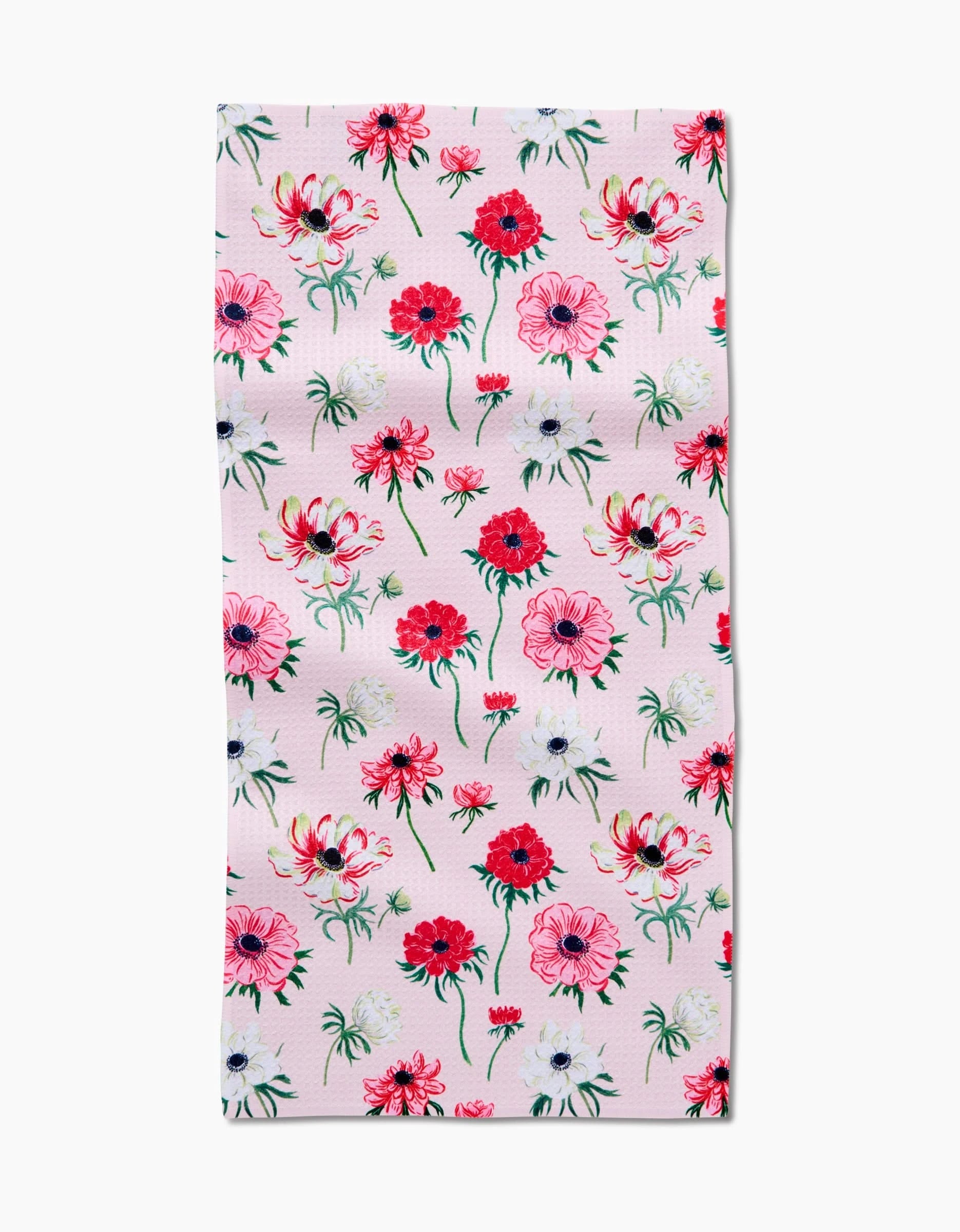 The Anemone Garden Flowers Bar Towel by Linda Fox features a pale pink background with a repeating pattern of red, pink, and white flowers with green stems and leaves, evenly spread across recycled fabric.