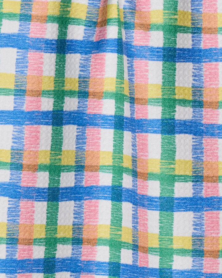 Ansel by Geometry features colorful plaid with crayon-like blue, green, yellow, and pink lines on a white background—perfect for a vibrant bar towel or extra-absorbent kitchen towel.