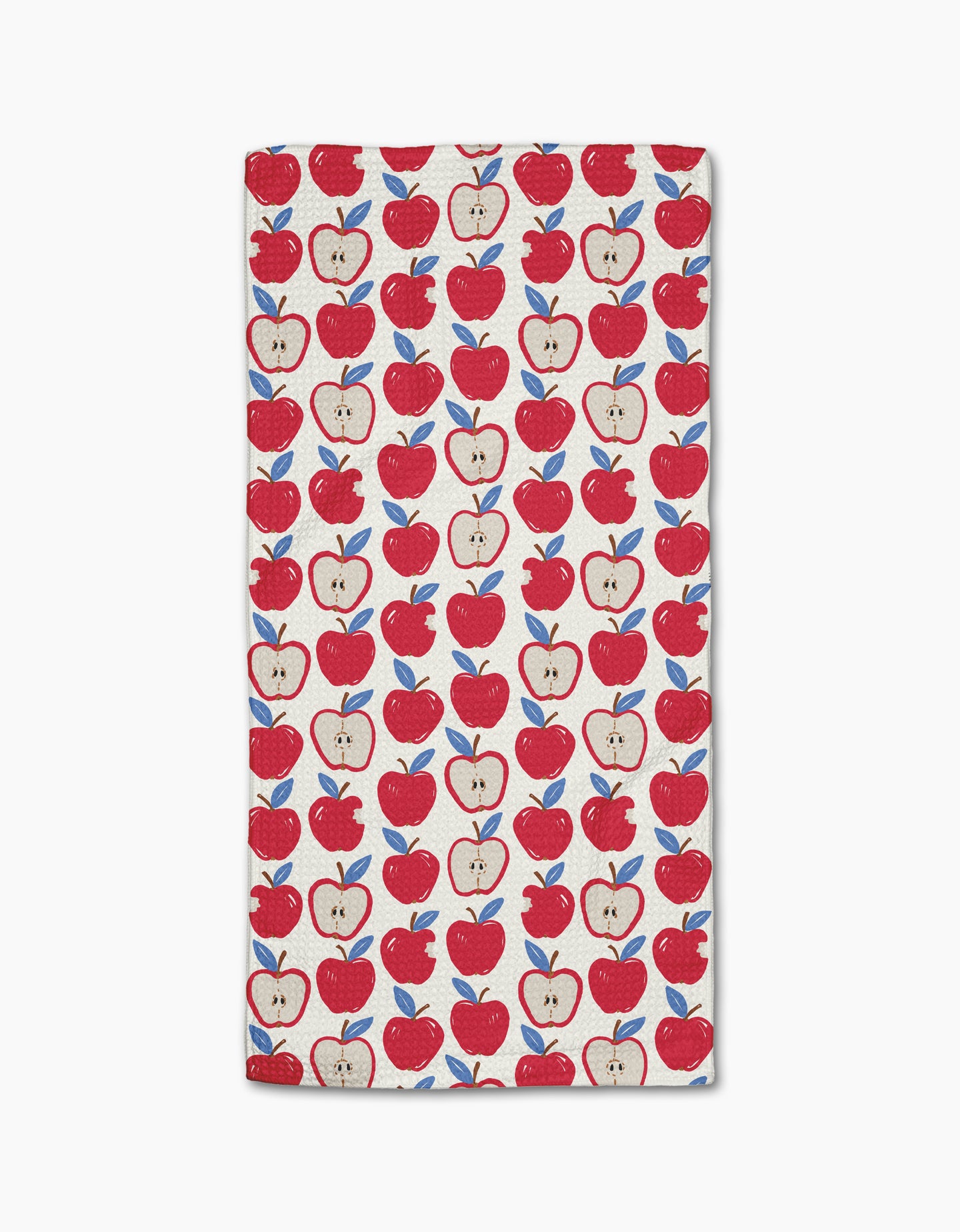 Apple A Day by Hufton Studio is a rectangular white bar towel with red whole and sliced apples and blue leaves, evenly spaced. Made from Geoweave fabric for superior softness and durability.