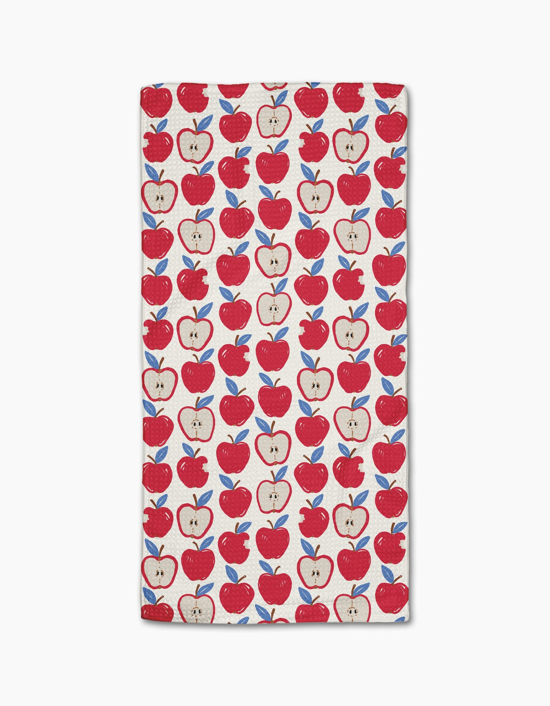 Apple A Day by Hufton Studio is a rectangular white bar towel with red whole and sliced apples and blue leaves, evenly spaced. Made from Geoweave fabric for superior softness and durability.