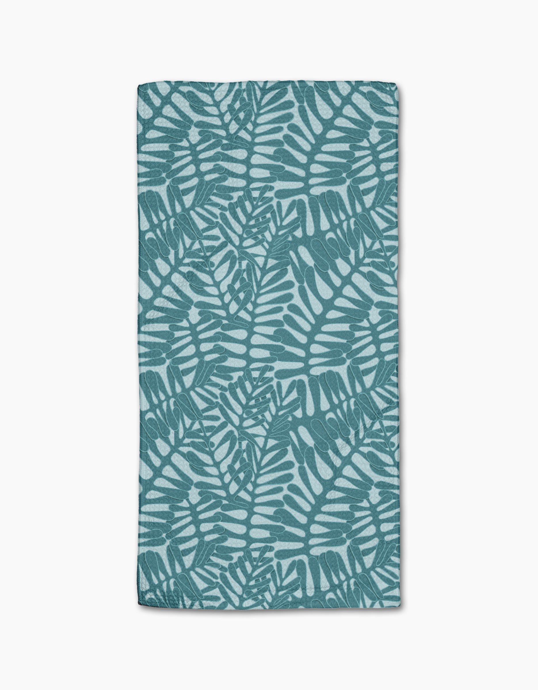 The Aqua Modern Palm towel by Katie OShea is rectangular and ultra-absorbent, showcasing a teal palm leaf pattern on a light blue background with overlapping tropical leaves in a repeating design.