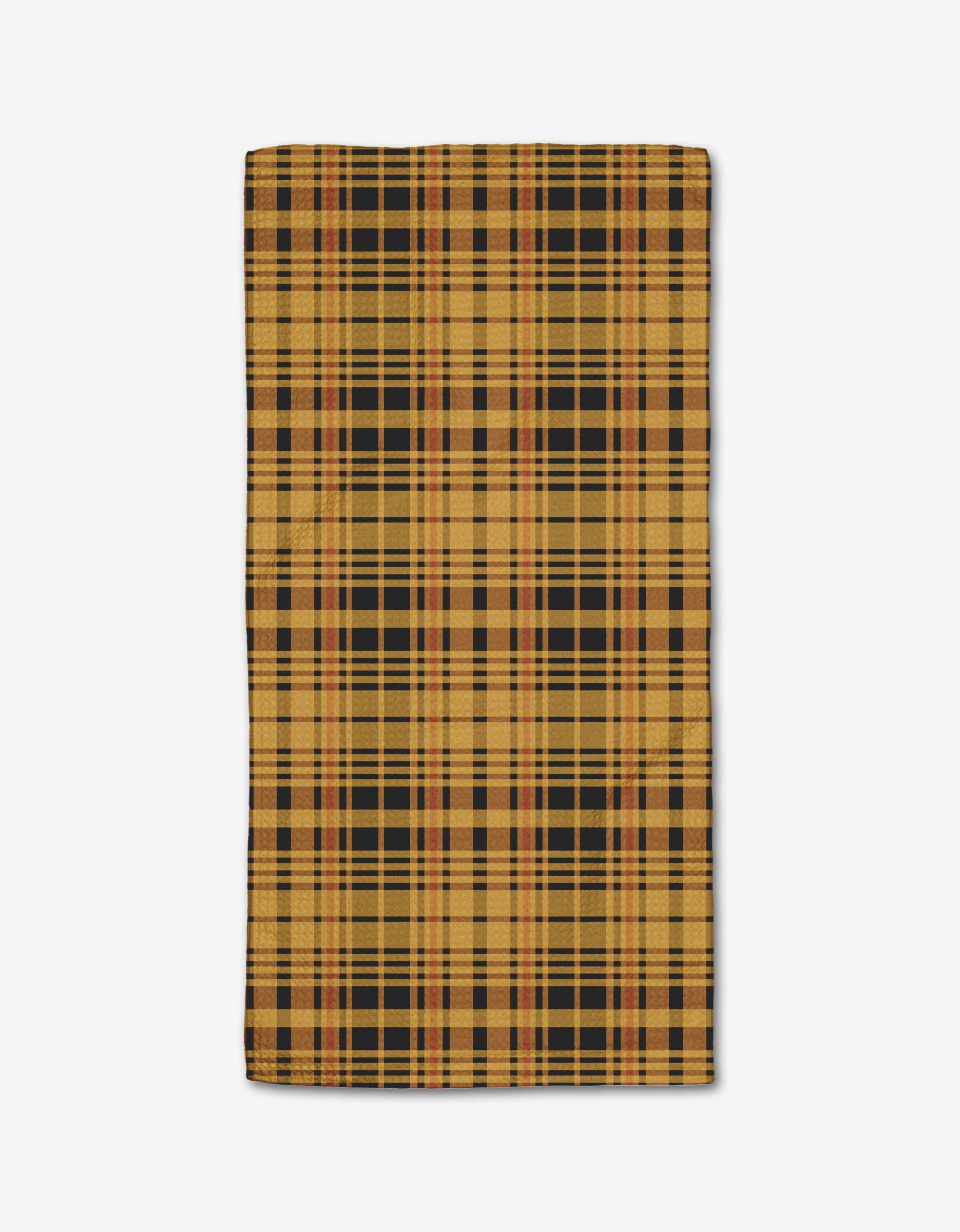 The Autumn Plaid bar towel by Danelys Sidron is a rectangular, ultra-absorbent towel featuring a yellow and black plaid pattern with thin red and white lines, shown on a plain white background.
