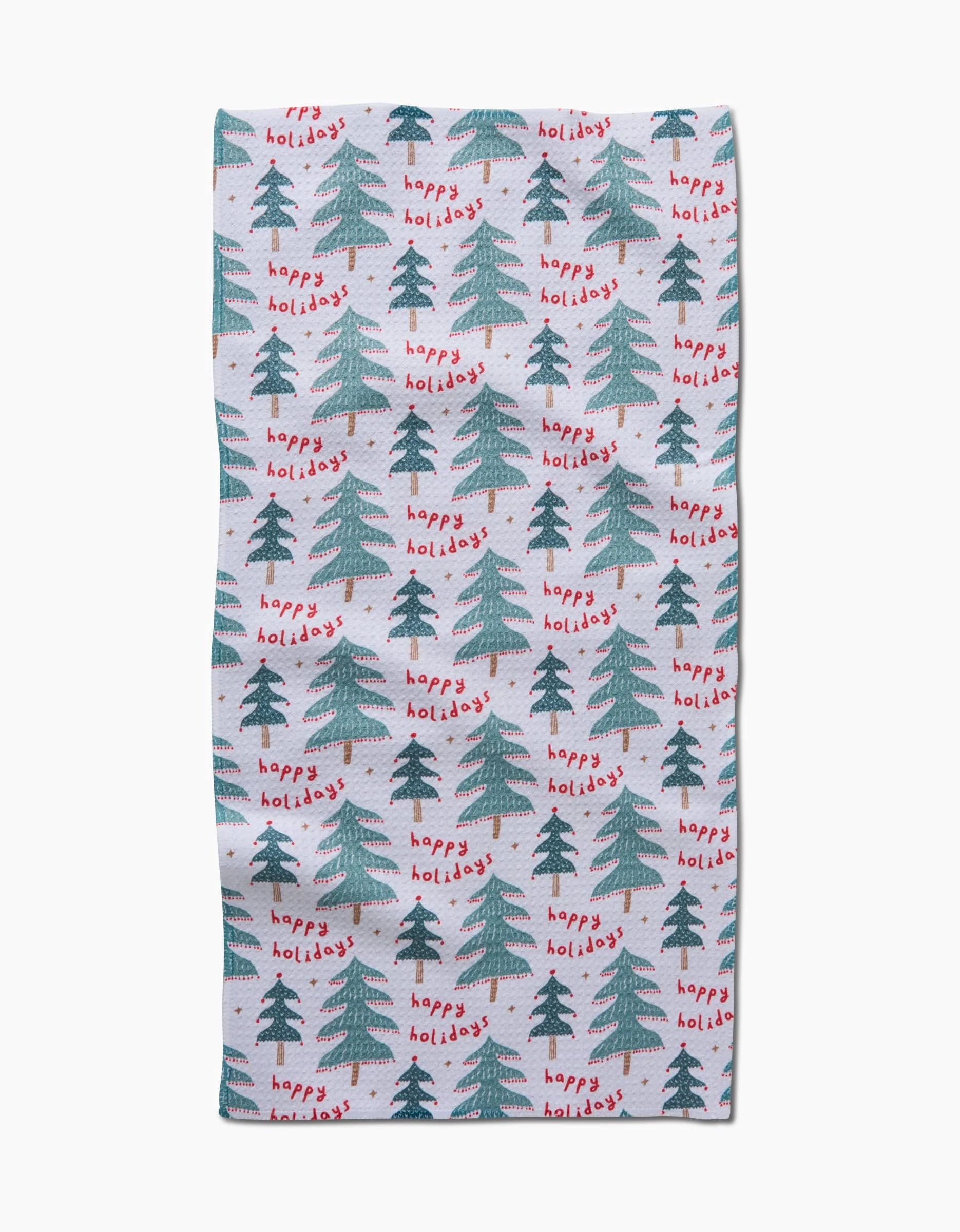 The Berry Happy Holidays towel by Roxy Marj is a rectangular, ultra-absorbent bar towel with green Christmas trees and happy holidays in red—perfect for cheerful holiday gatherings.